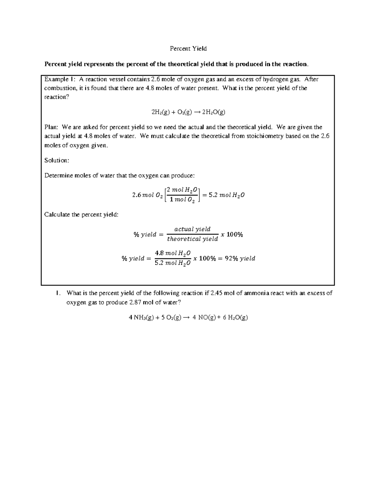 percent yield assignment answer key