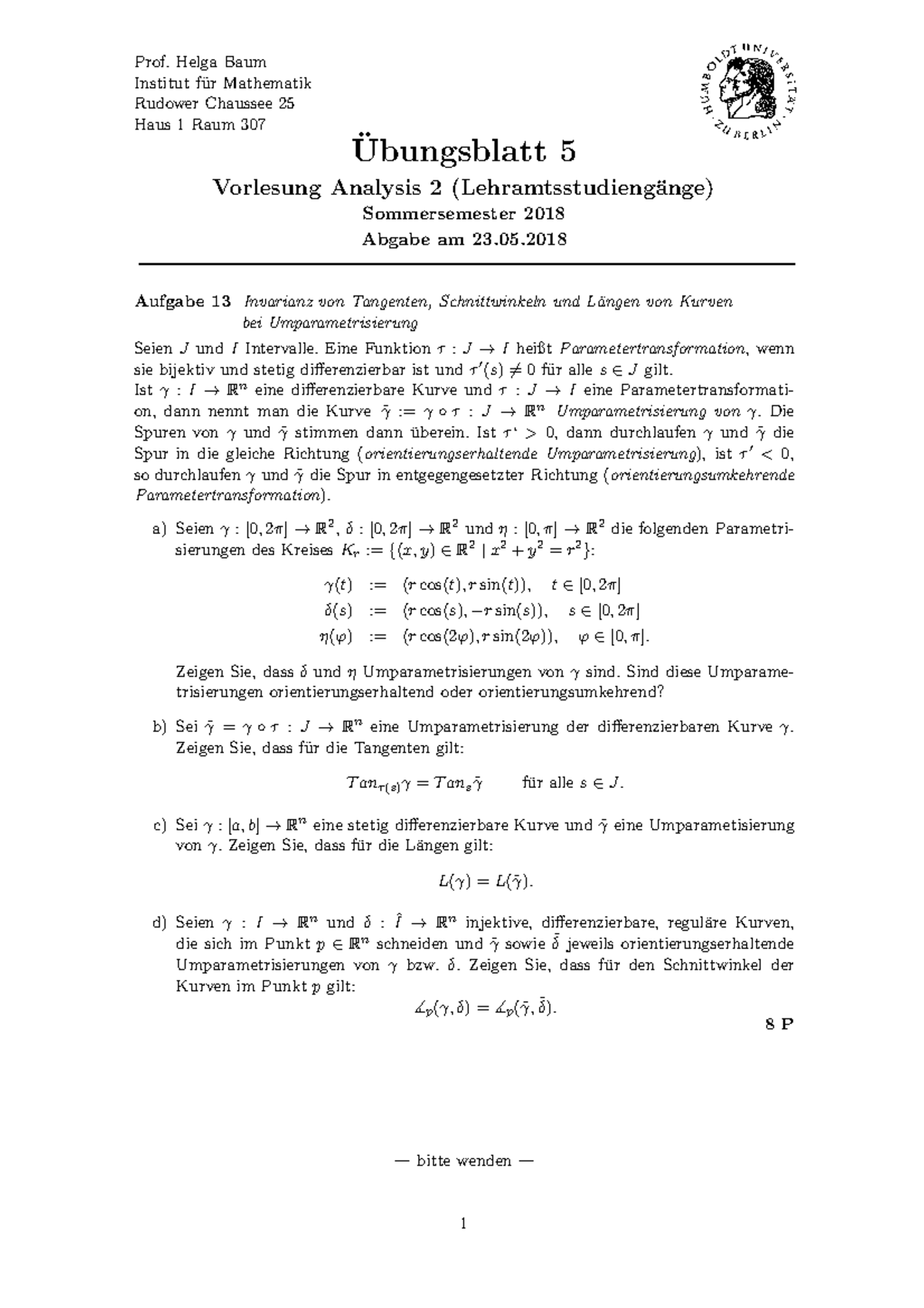 UA Ana II SS18 05 - Übungsplatz Zur Analysis 2 - Prof. Helga Baum ...