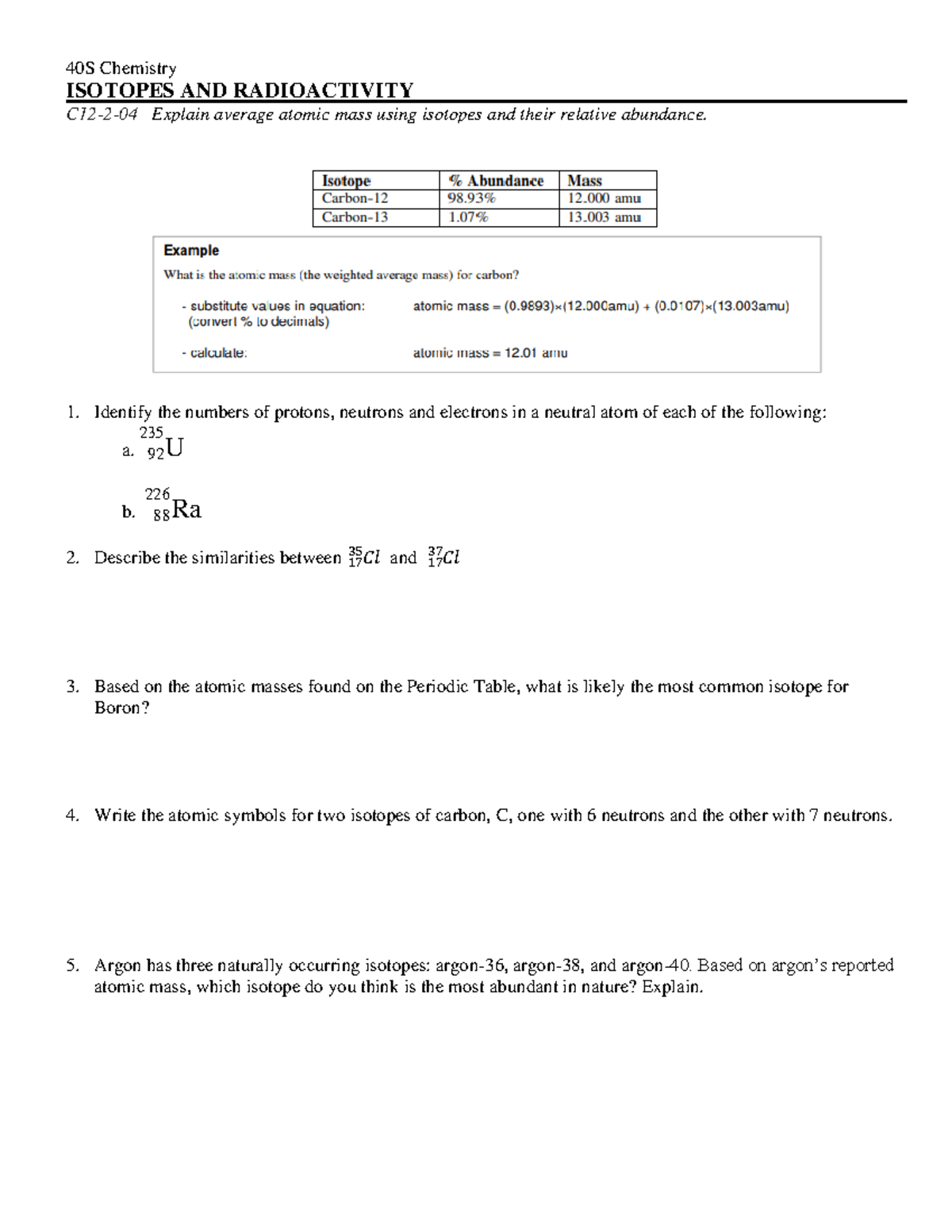 1 - Isotopes and Abundance WS - ISOTOPES AND RADIOACTIVITY C12- 2 - 04 ...