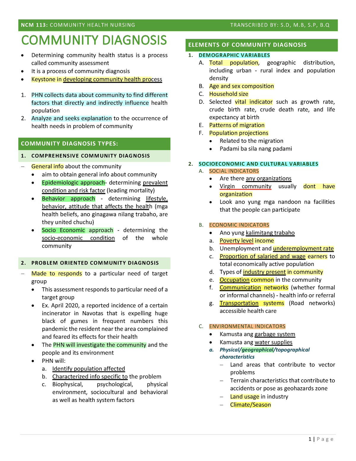 Community Diagnosis 1 - Chn2 - NCM 113 : COMMUNITY HEALTH NURSING ...