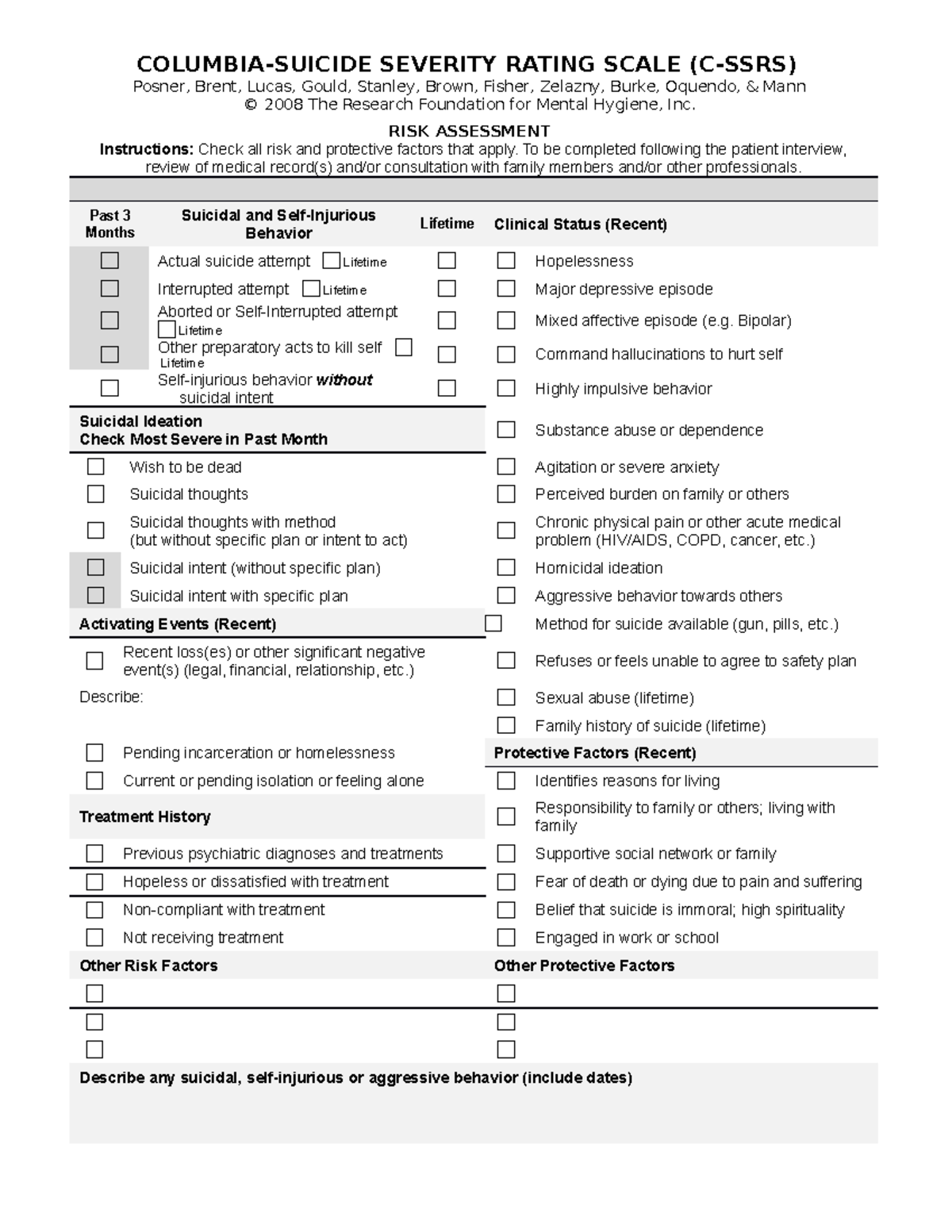 C SSRS Risk Assessment Page - COLUMBIA-SUICIDE SEVERITY RATING SCALE (C ...