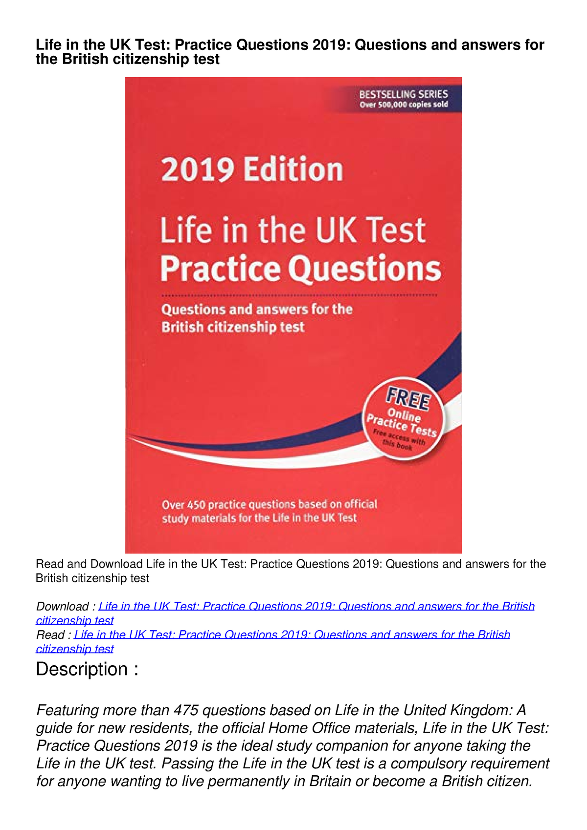 Download Book [PDF] Life in the UK Test: Practice Questions 2019 ...