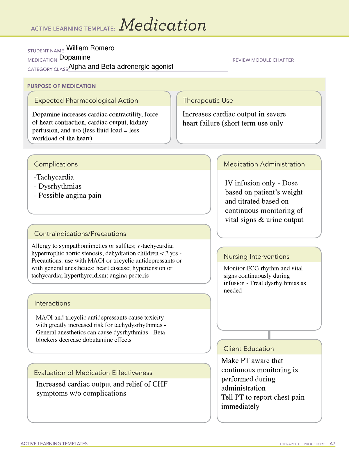 Dopamine med sheet - ACTIVE LEARNING TEMPLATES TherapeuTic procedure A ...