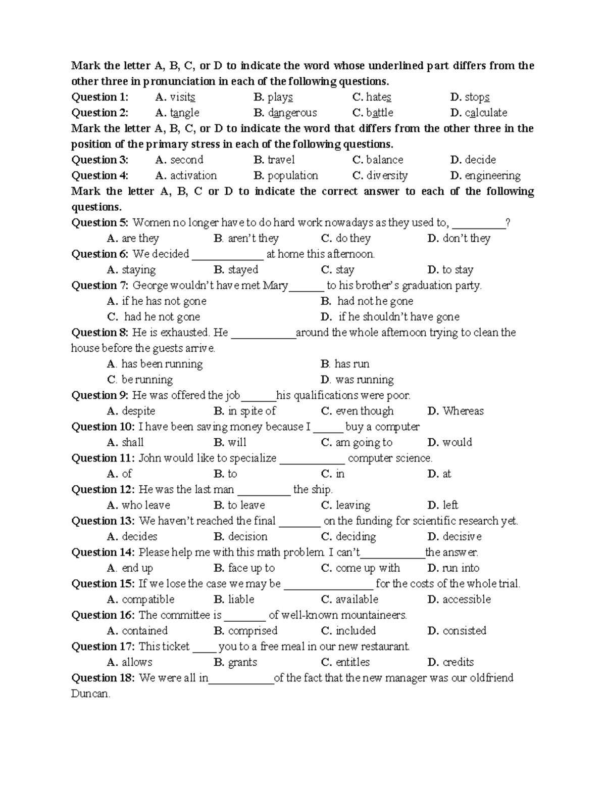 Đề 12 - TIẾNG ANH - Mark the letter A, B, C, or D to indicate the word ...