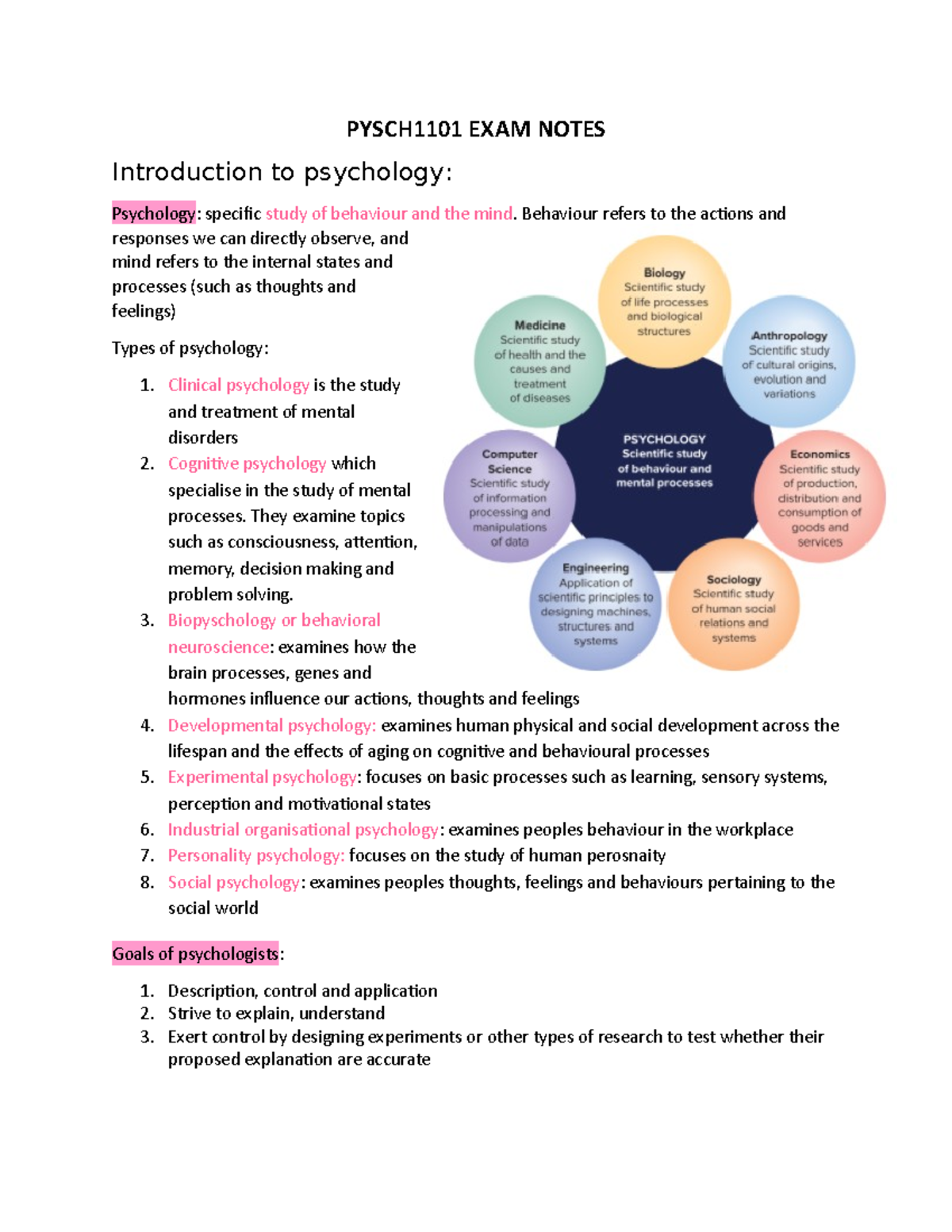 Pysch 1101 EXAM Notes - PYSCH1101 EXAM NOTES Introduction To Psychology ...