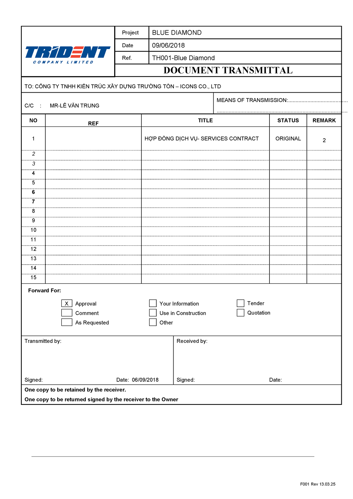 Doc Transmittal Survey - F001 Rev 13. Project Blue Diamond Date 09 06 