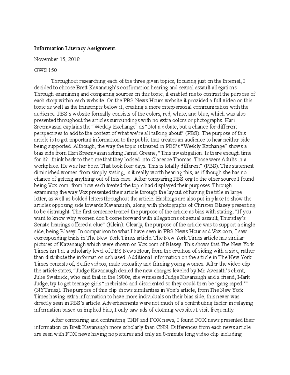 GWS Information Literary Assignment - Information Literacy Assignment ...