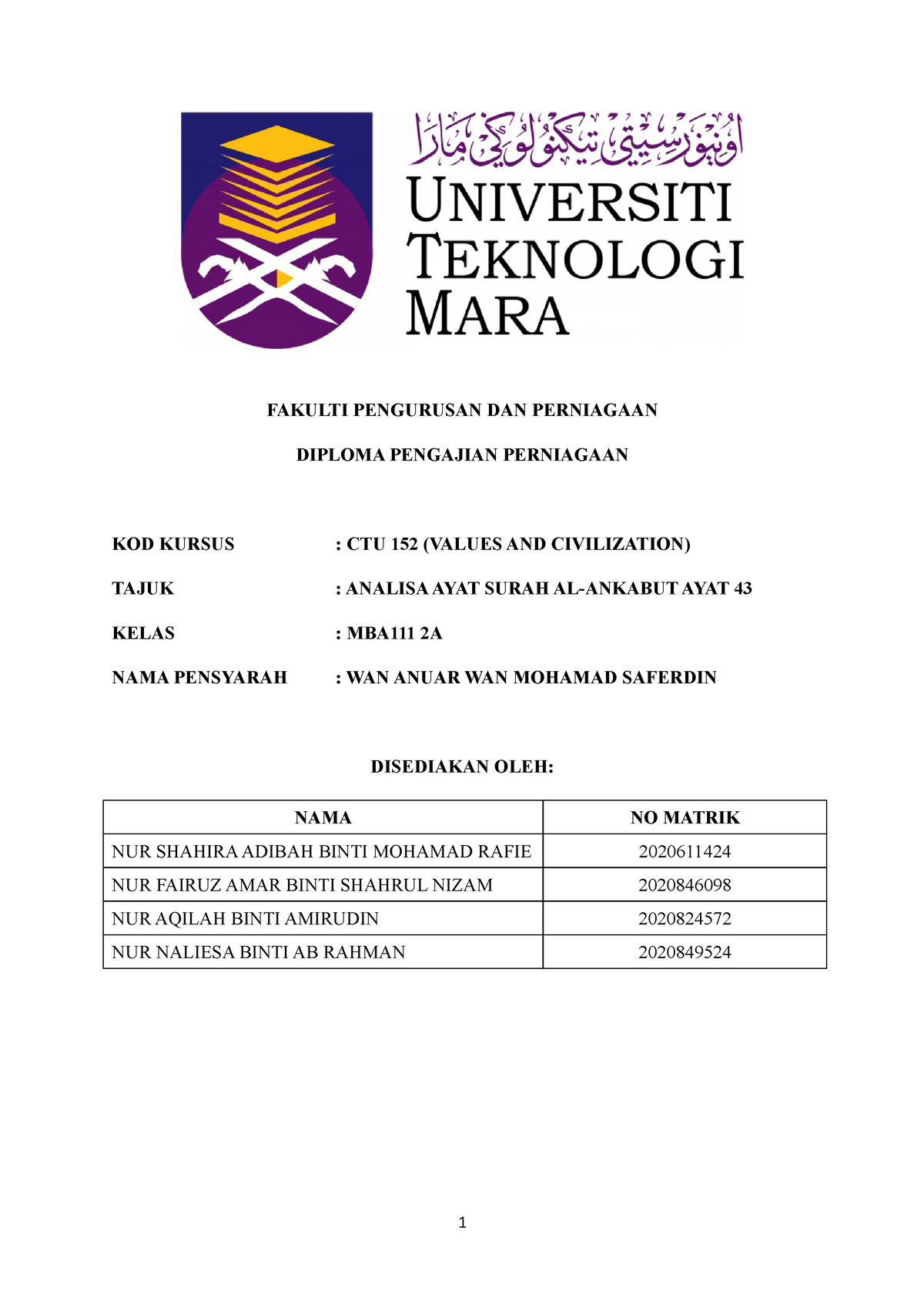 Analisa Ayat CTU152 - FAKULTI PENGURUSAN DAN PERNIAGAAN DIPLOMA ...