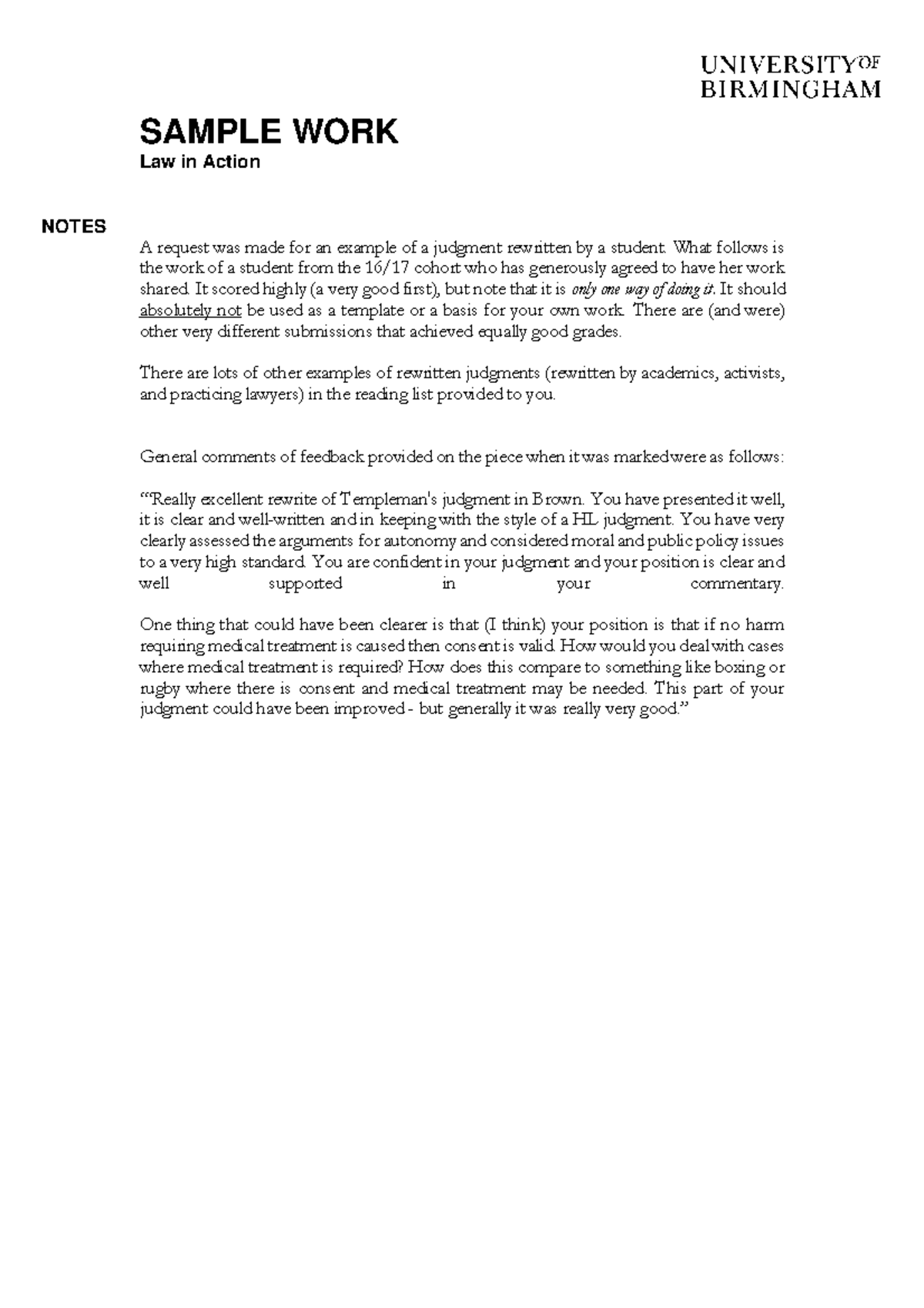 Li A Sample Project 1718 - SAMPLE WORK Law in Action NOTES A request ...