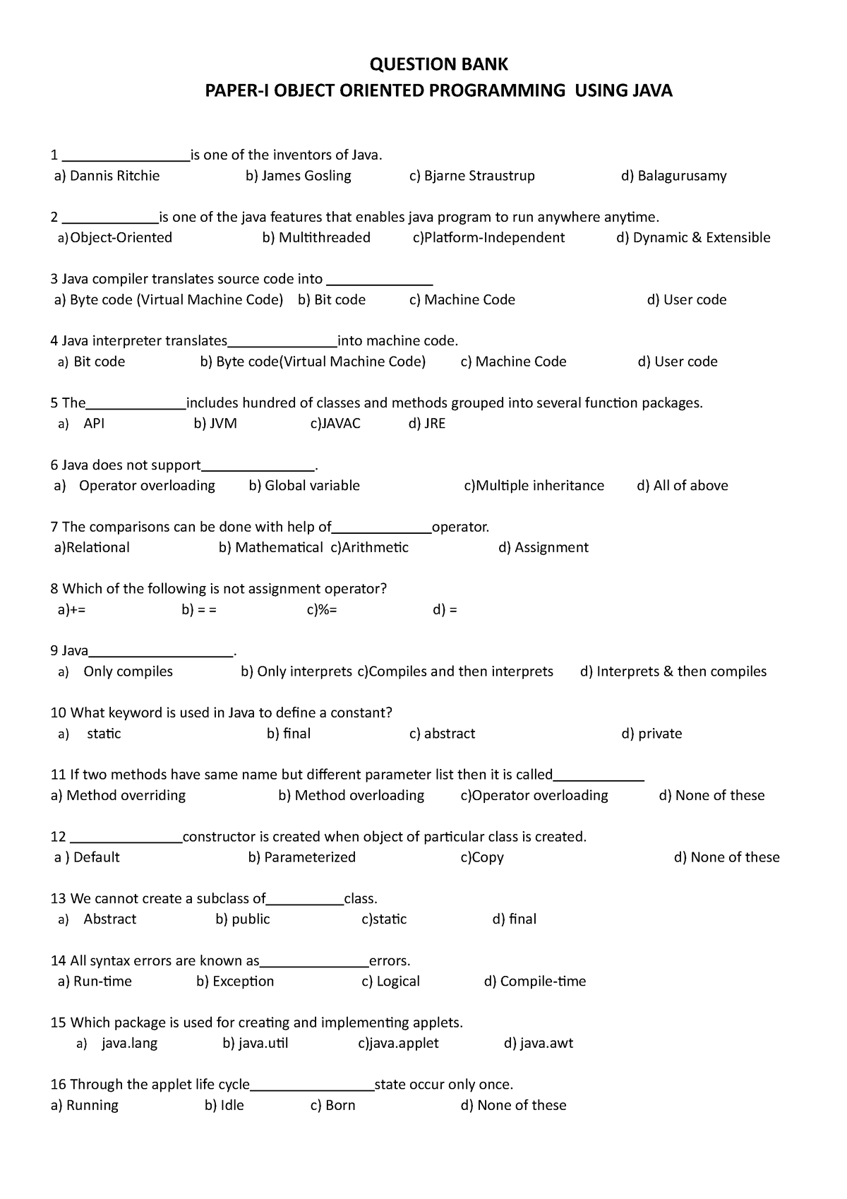 Object Oriented Programming Using Java Question Paper