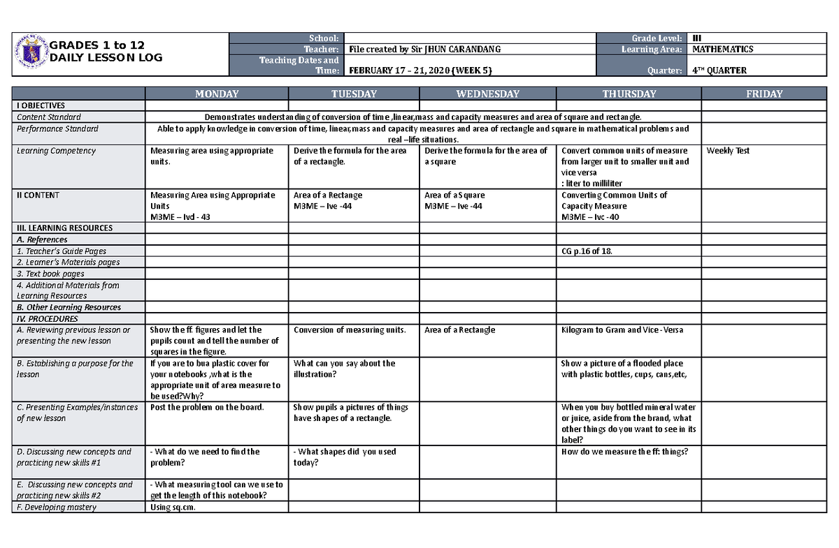 DLL Mathematics 3 Q4 W5 - 1st - GRADES 1 to 12 DAILY LESSON LOG School ...