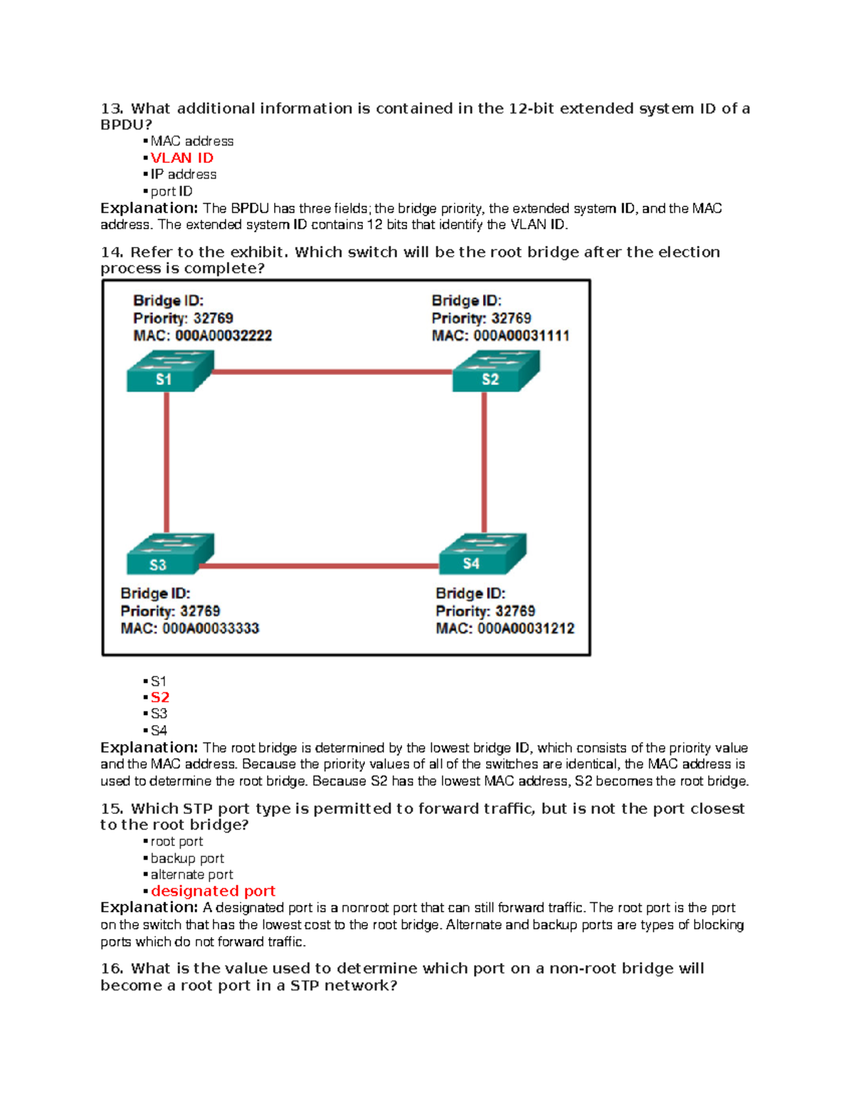 Chapter 2 Quiz Spanning Tree Protocol (Answers) CCNPv 8 Encor 13