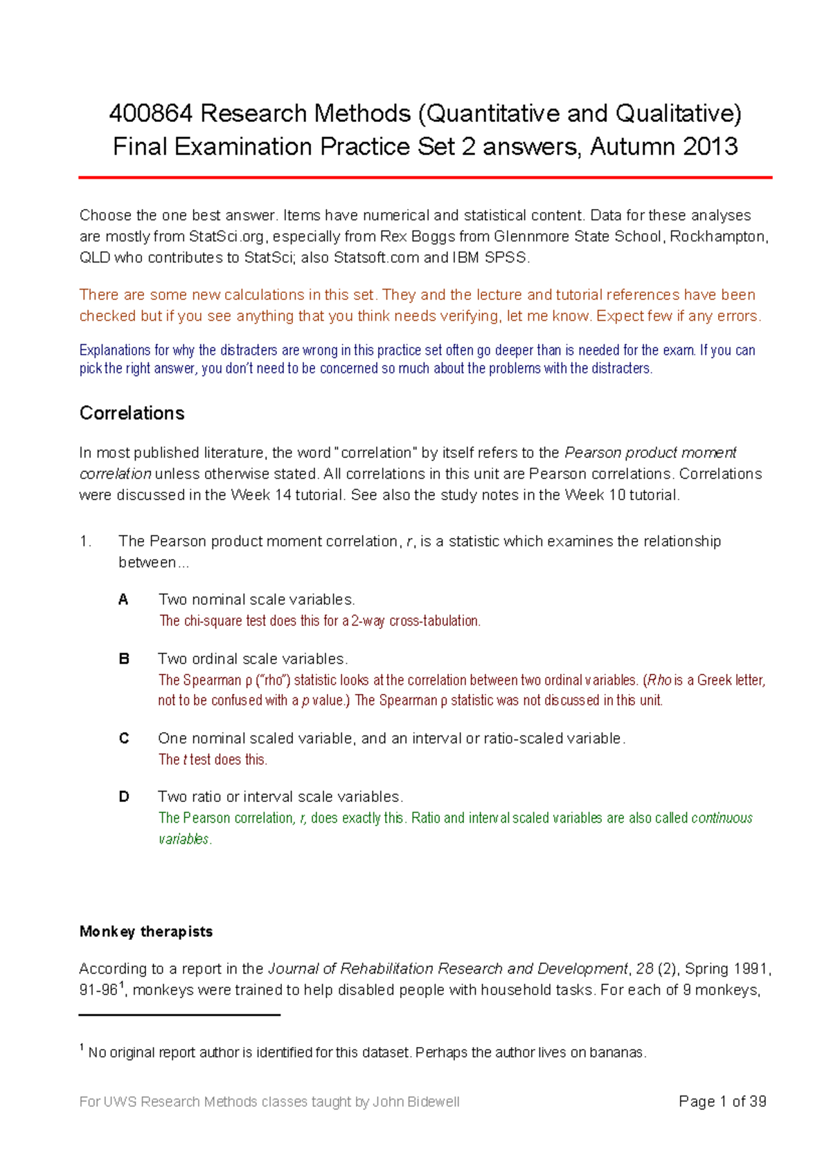 Exam 4 August 2013, questions and answers - 400864 Research Methods ...