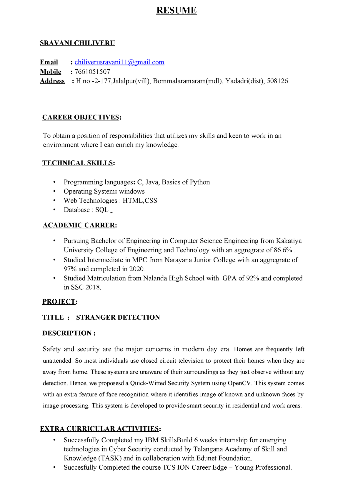 Sravani resume new 2 - RESUME SRAVANI CHILIVERU Email ...