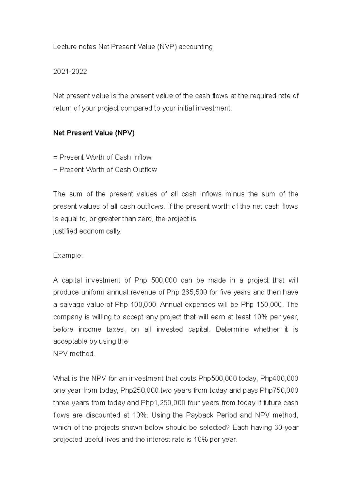 lecture-notes-net-present-value-net-present-value-npv-present