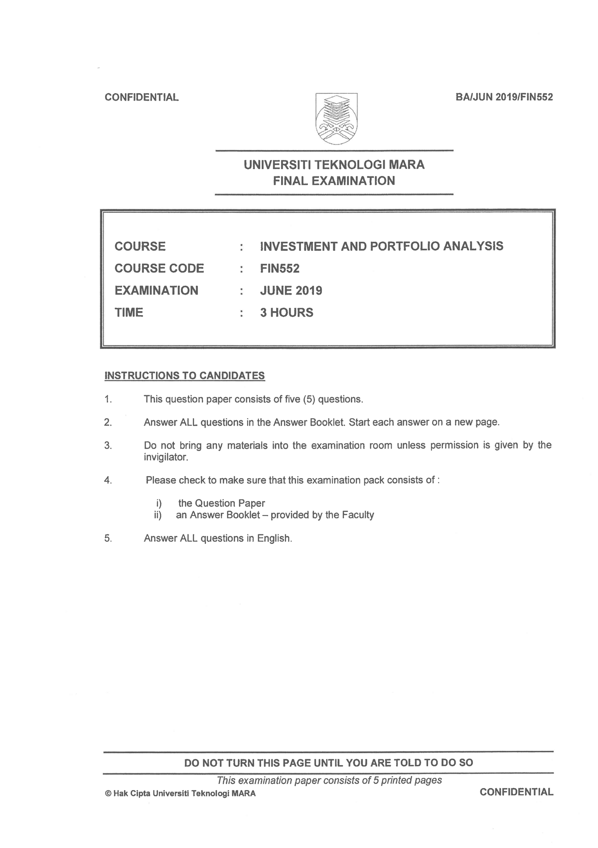 FIN552 - Past Sem Question - Investment Portfolio And Analysis - Studocu