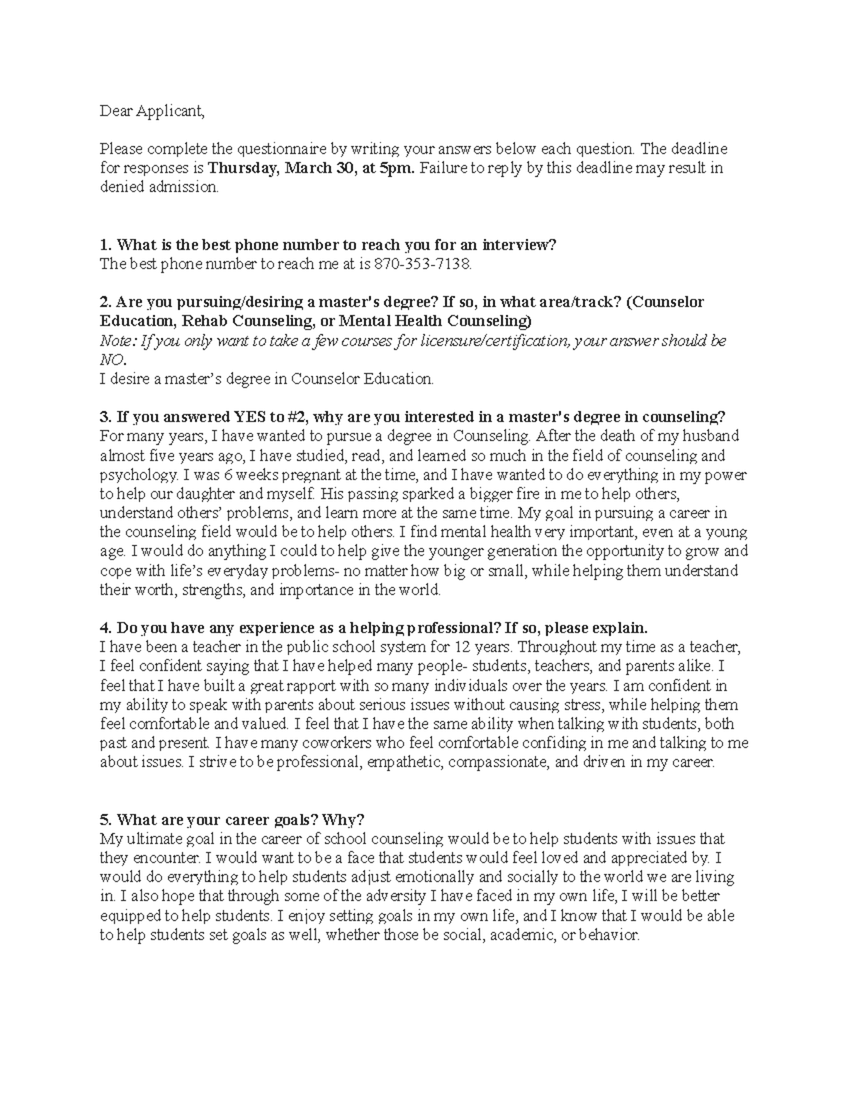 Graduate Counseling Questions - Dear Applicant, Please complete the ...