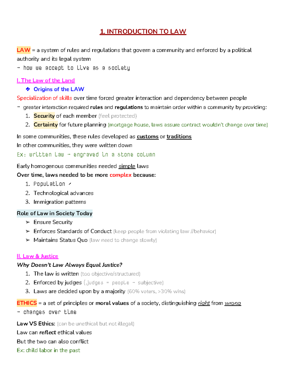 1 - lesson notes - 1. INTRODUCTION TO LAW LAW = a system of rules and ...