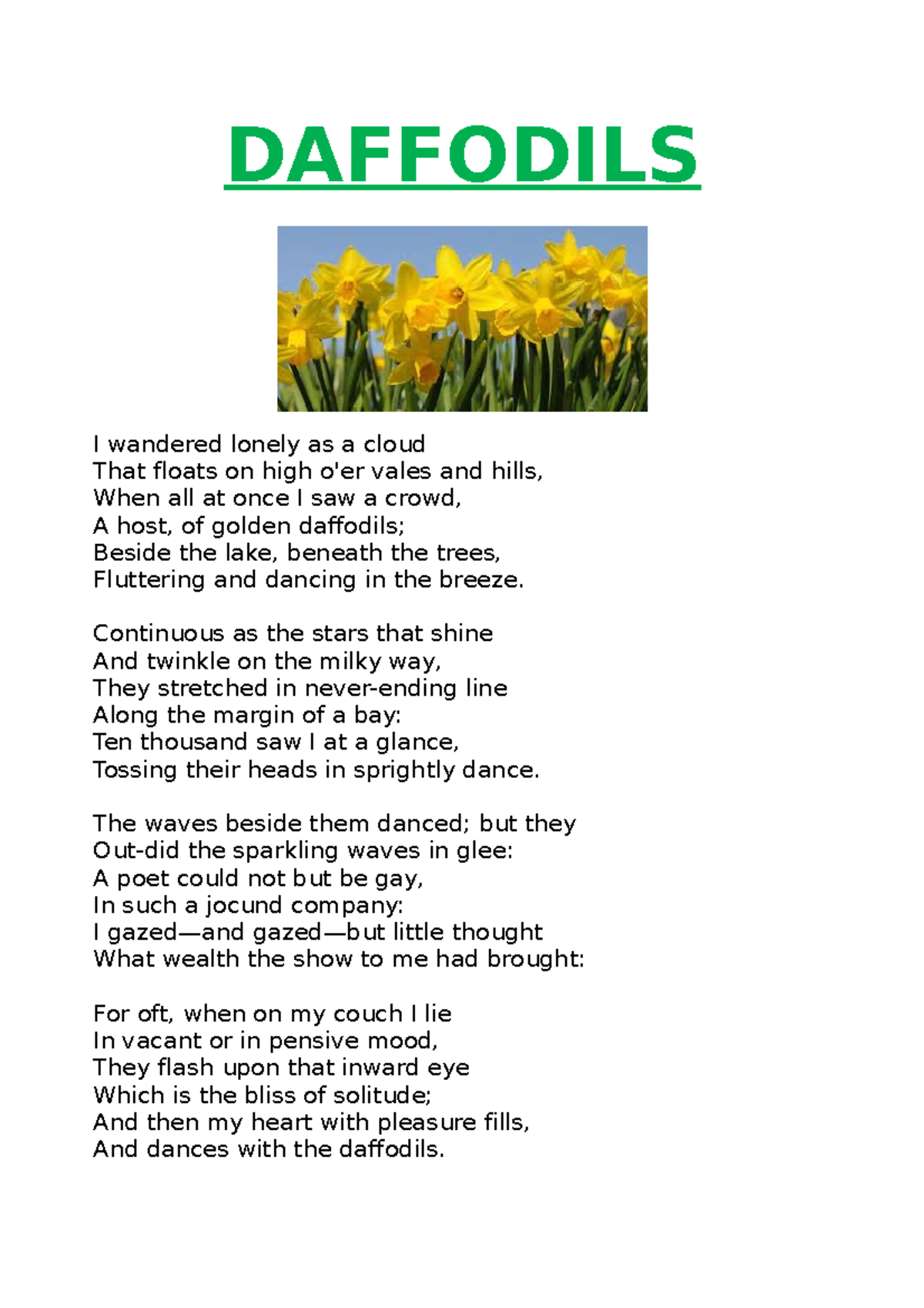 Daffodils question and answers DAFFODILS I wandered lonely as a cloud