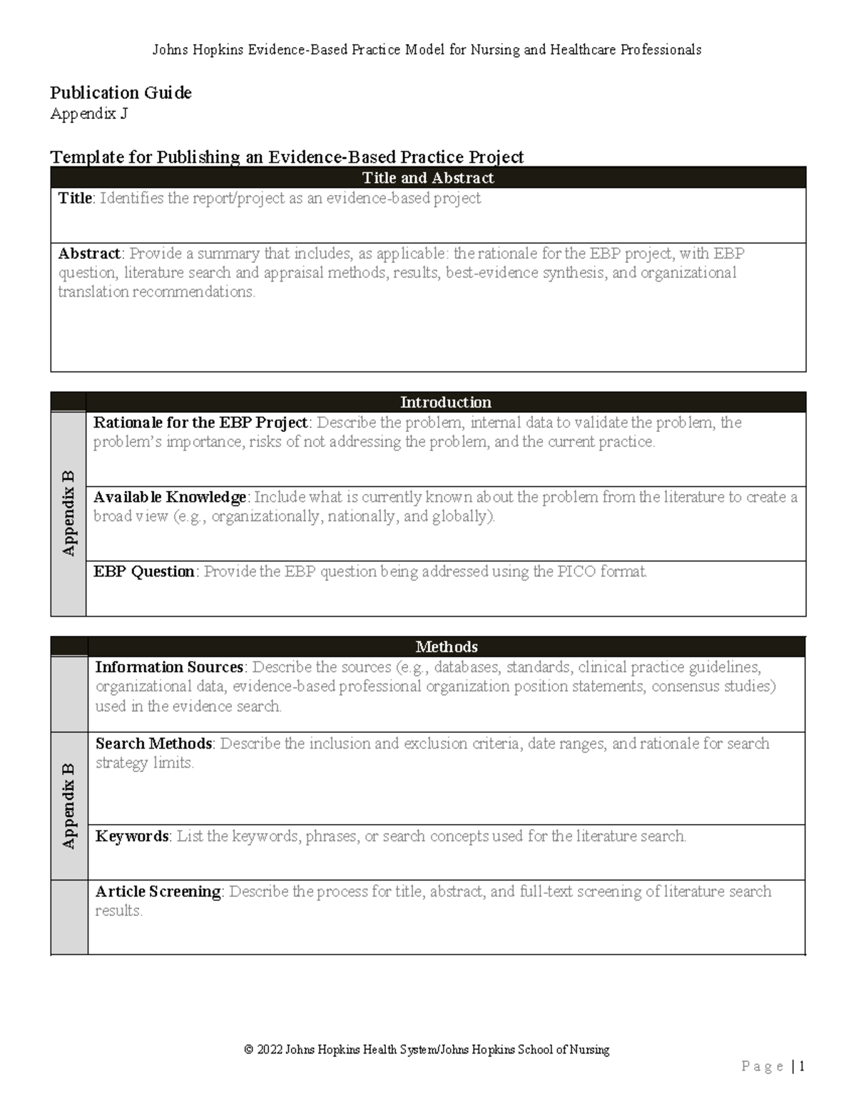 Appendix J 2022 Final - Johns Hopkins Evidence-Based Practice Model for ...