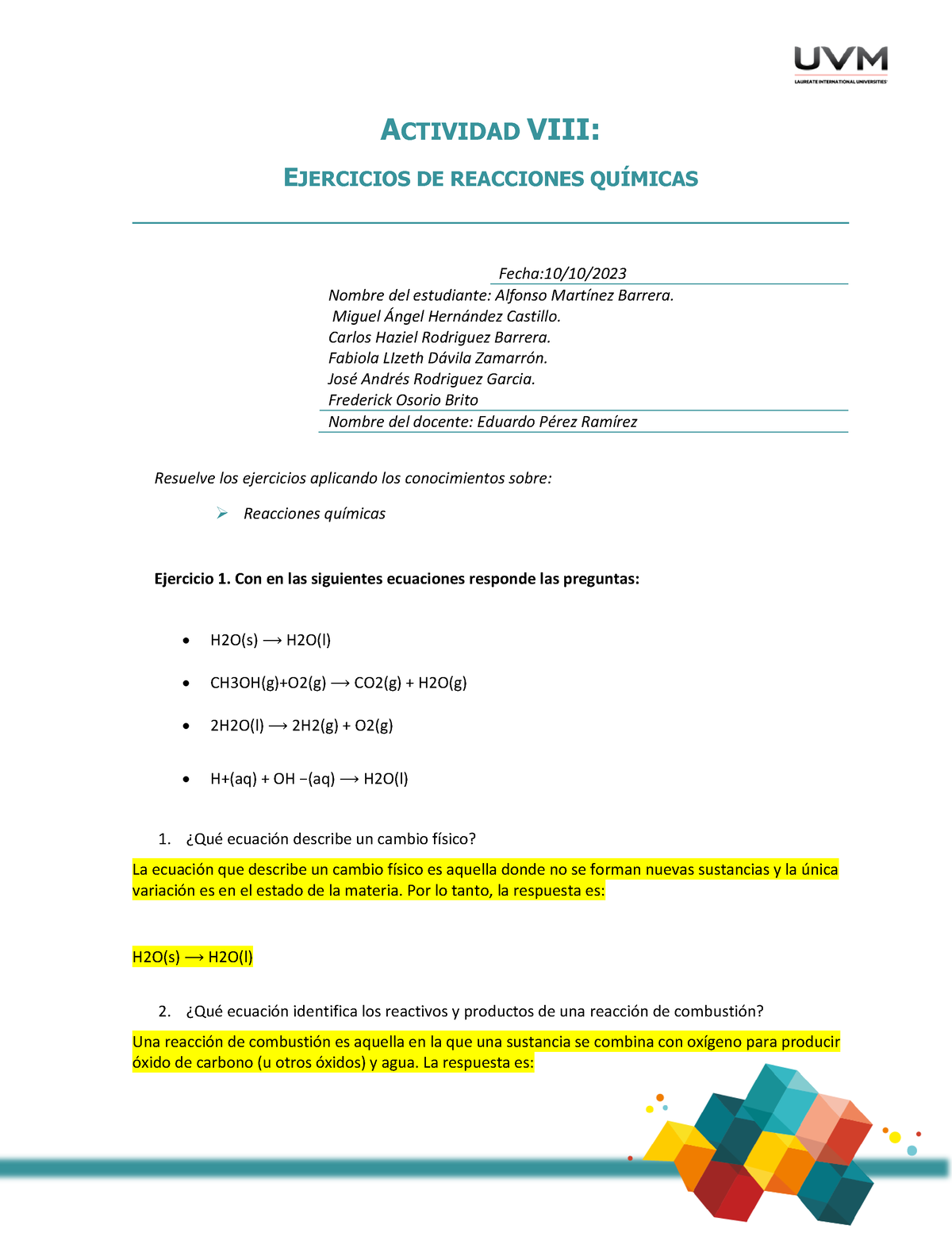 U5 Ejercicios Terminados - ACTIVIDAD VIII: EJERCICIOS DE REACCIONES ...