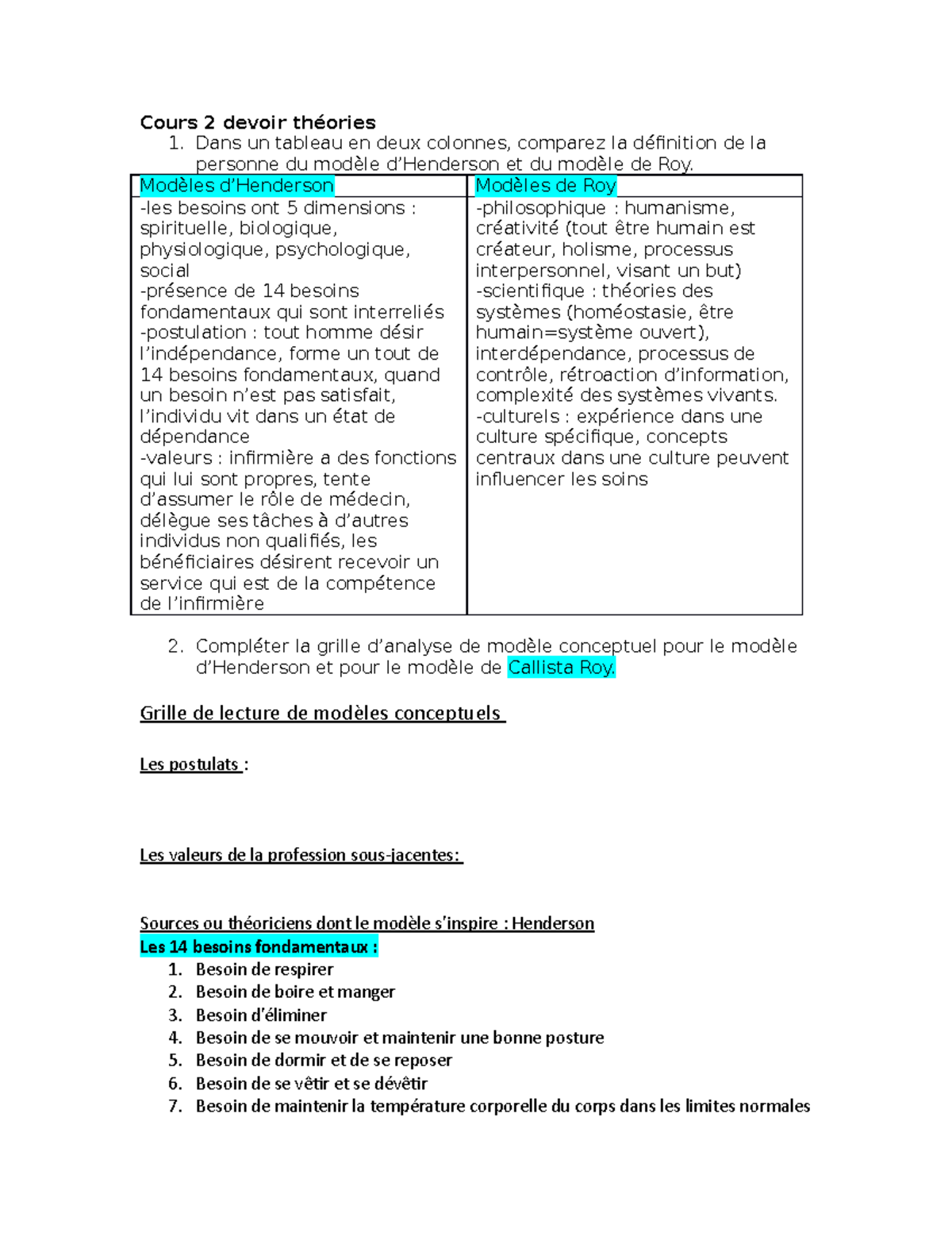 Cours 2 devoir théories Dans un tableau en deux colonnes, comparez la