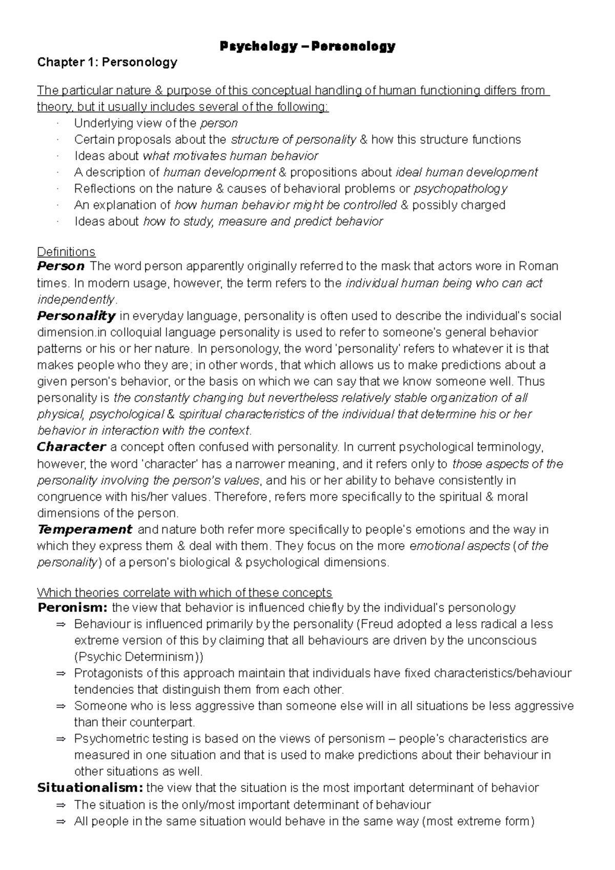 Notes - Psychology – Personology Chapter 1: Personology The particular ...