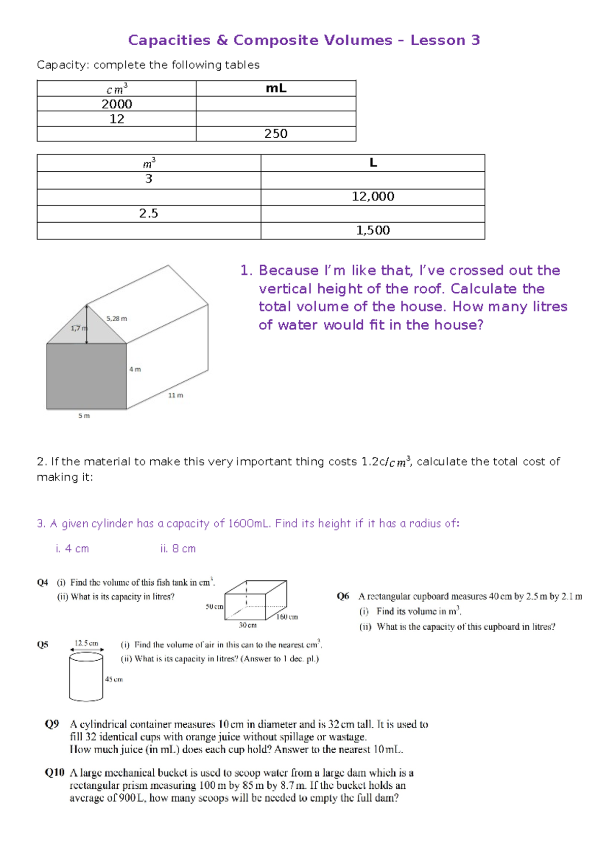 4 - Pppp - Capacities & Composite Volumes – Lesson 3 Capacity: complete ...