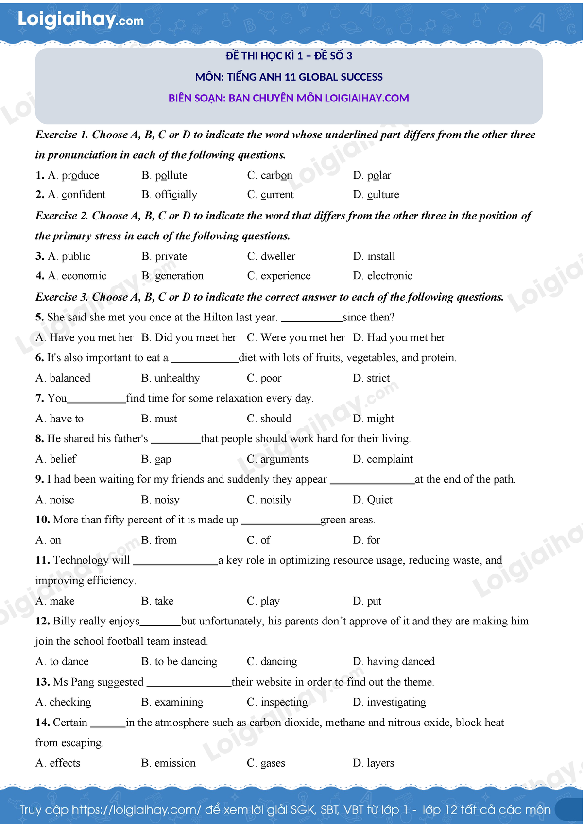 đề 3 - English - Exercise 1. Choose A, B, C Or D To Indicate The Word ...