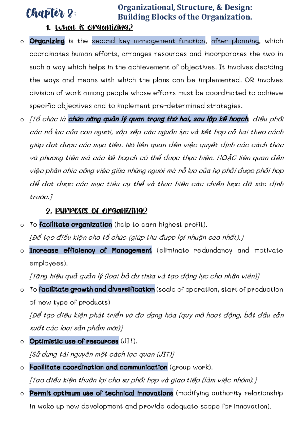 Chapter 8 Principle of Management - o Organizing is the second key ...
