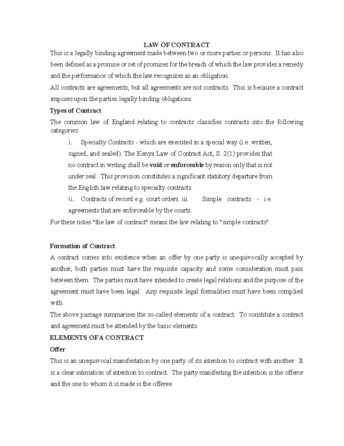 Law of Contract - LAW OF CONTRACT This is a legally binding agreement ...
