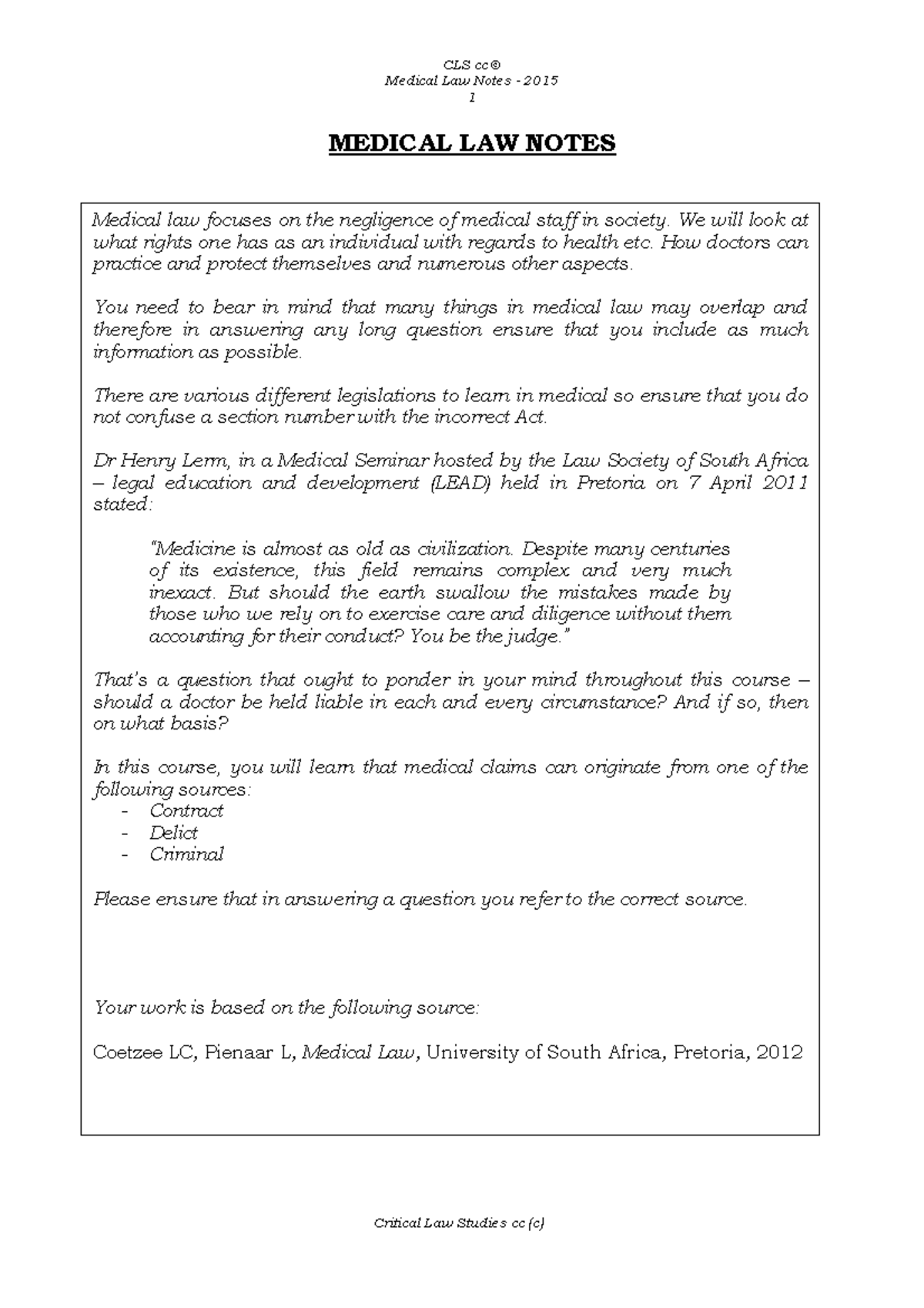 Medical Notes2015 fdgfd fd gfdgdfs dfsgdfg Medical Law Notes 2015