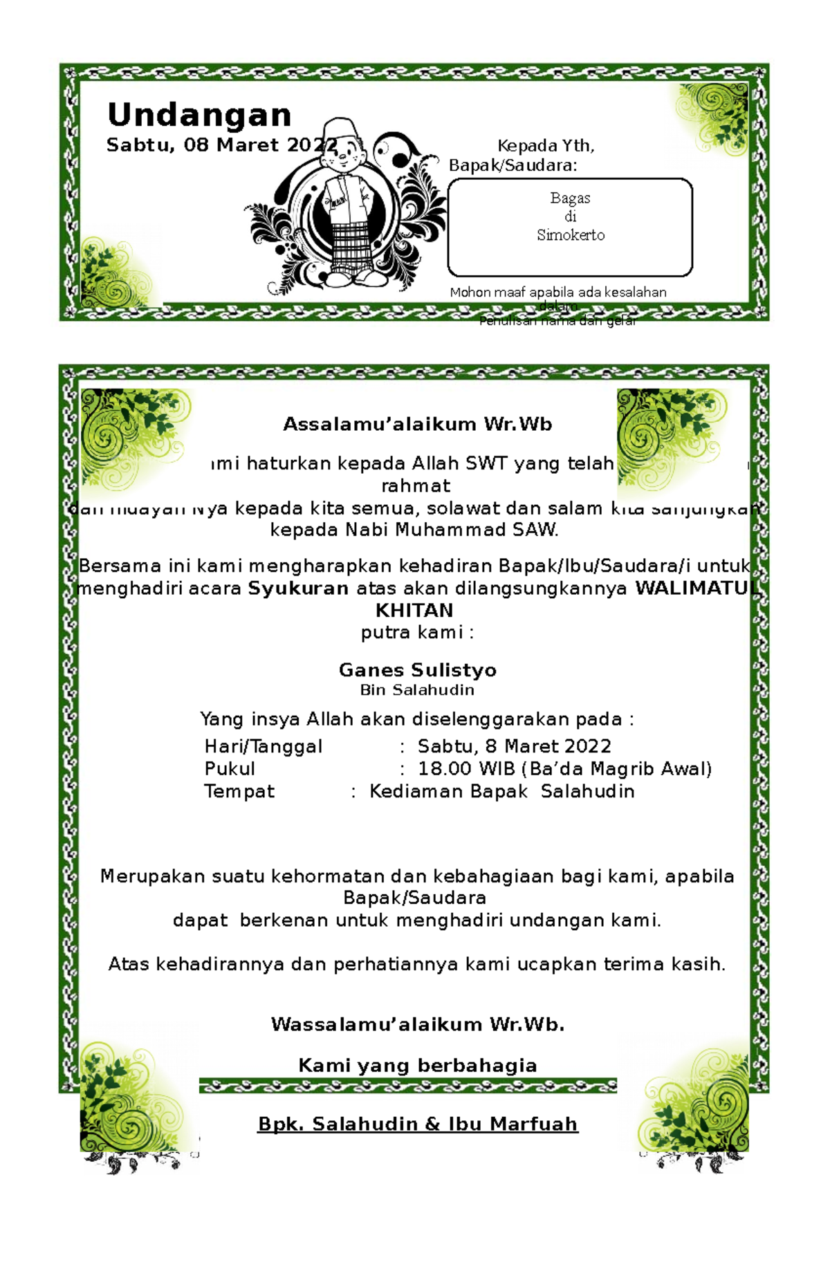 Contoh Surat Undangan Walimatul Khitan – NBKomputer