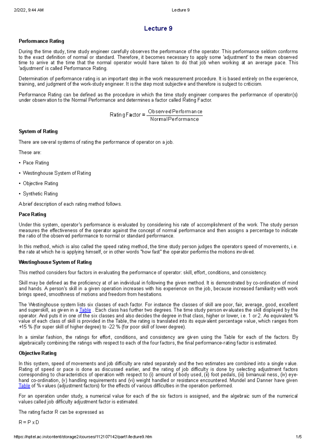 Rating Factor Lecture 9 Performance Rating During the time study
