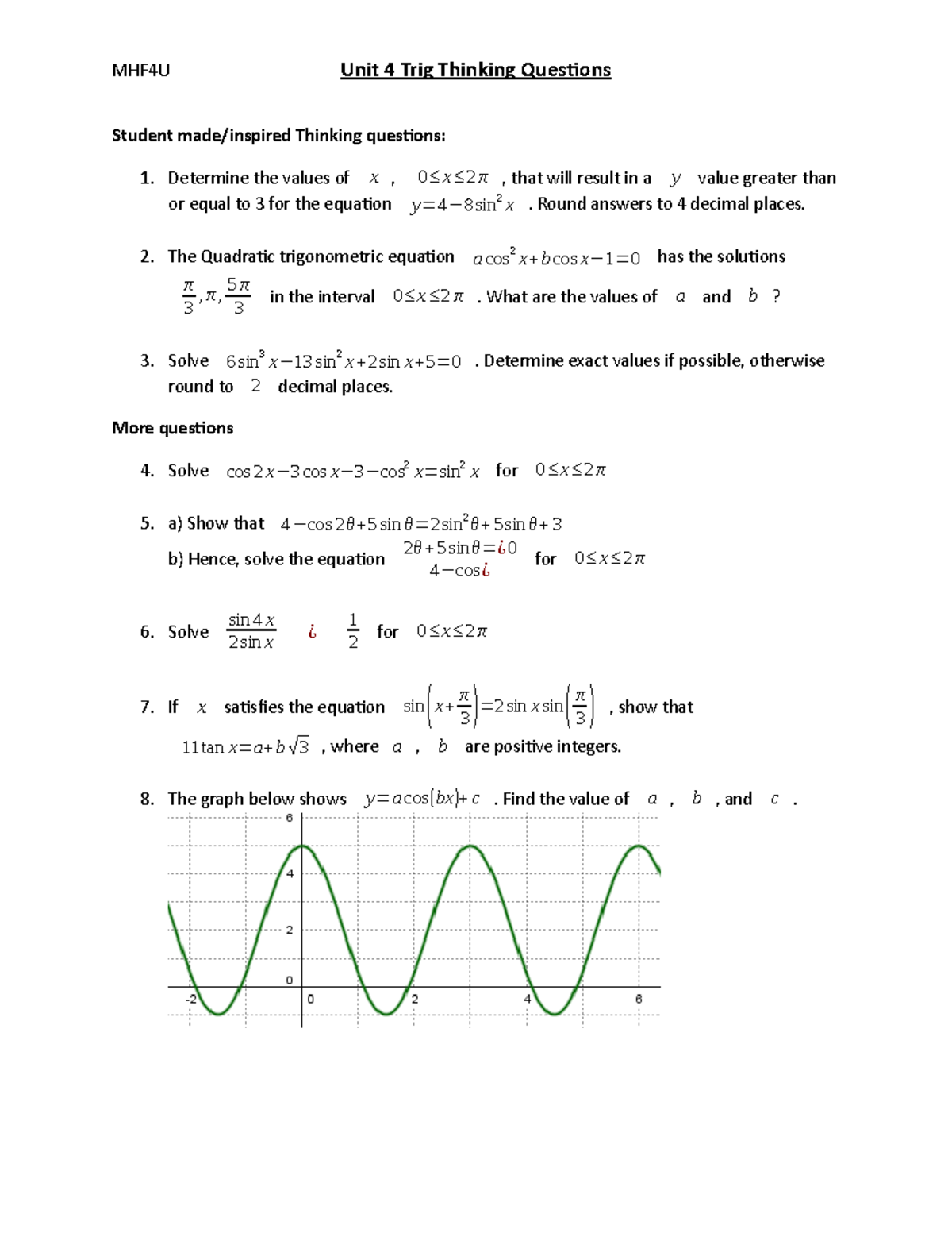 Trigthinking Lecture notes Calc MHF4U Unit 4 Trig Thinking