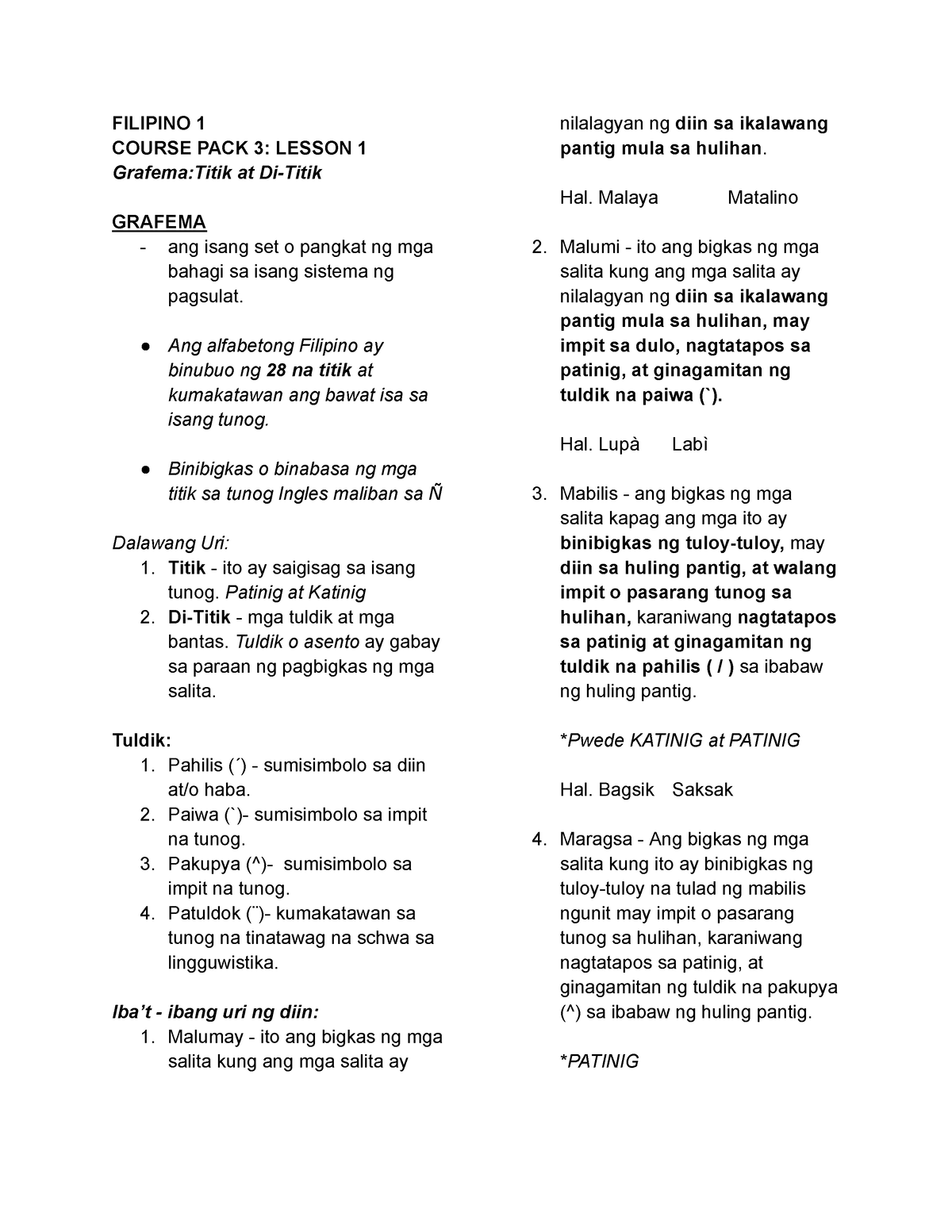 Filipino 1 Course Pack 3.1, 4.1,4.2 - FILIPINO 1 COURSE PACK 3: LESSON ...