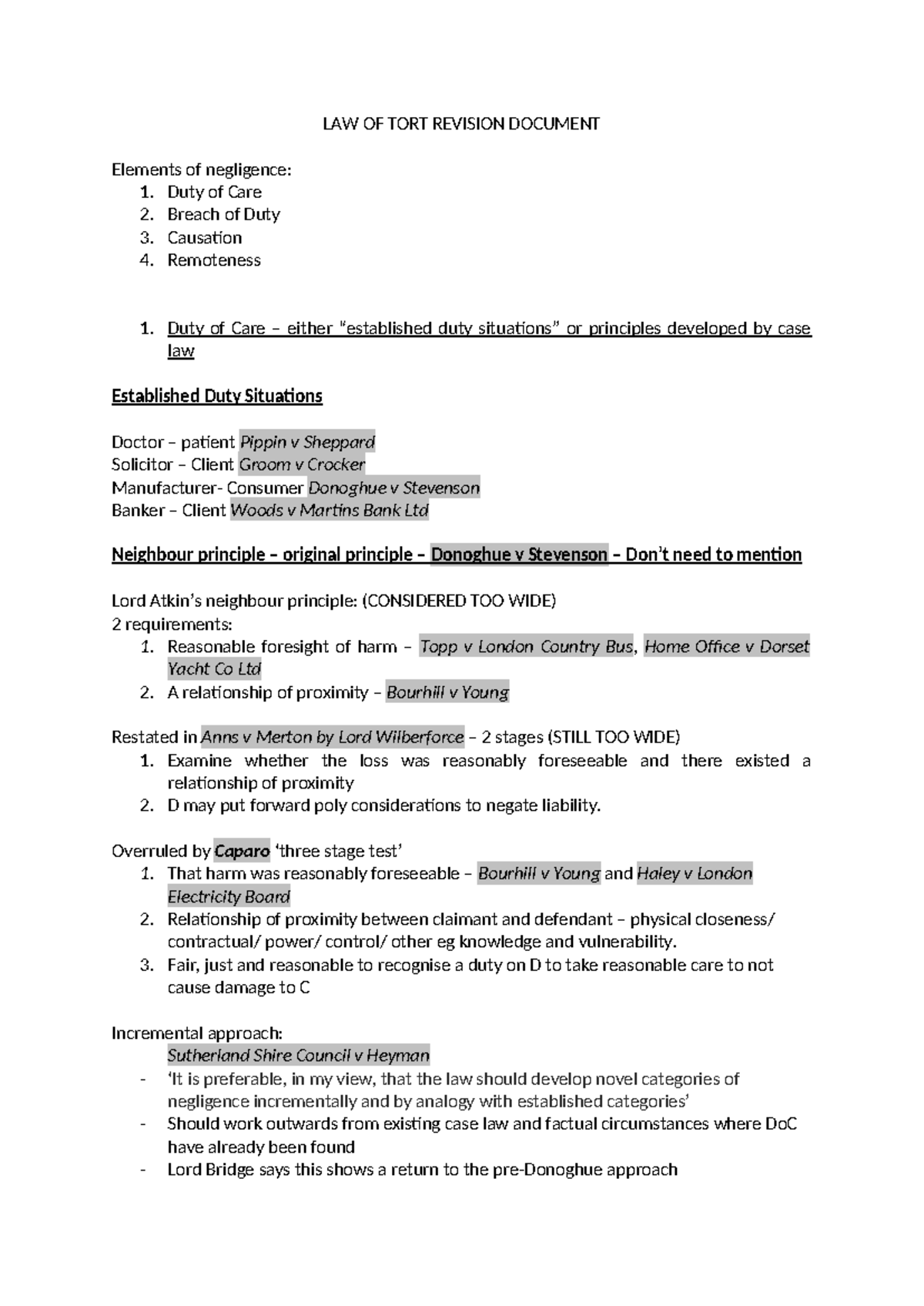 LAW OF TORT Revision Document - LAW OF TORT REVISION DOCUMENT Elements ...