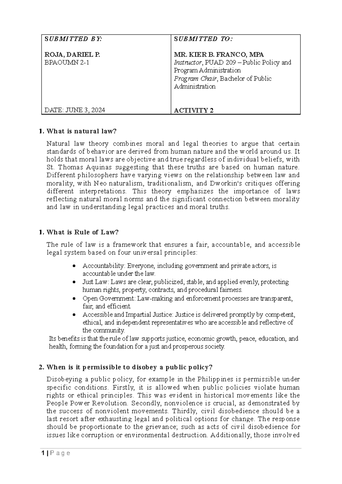 What is Natural Laws - 1 | P a g e What is natural law? Natural law ...