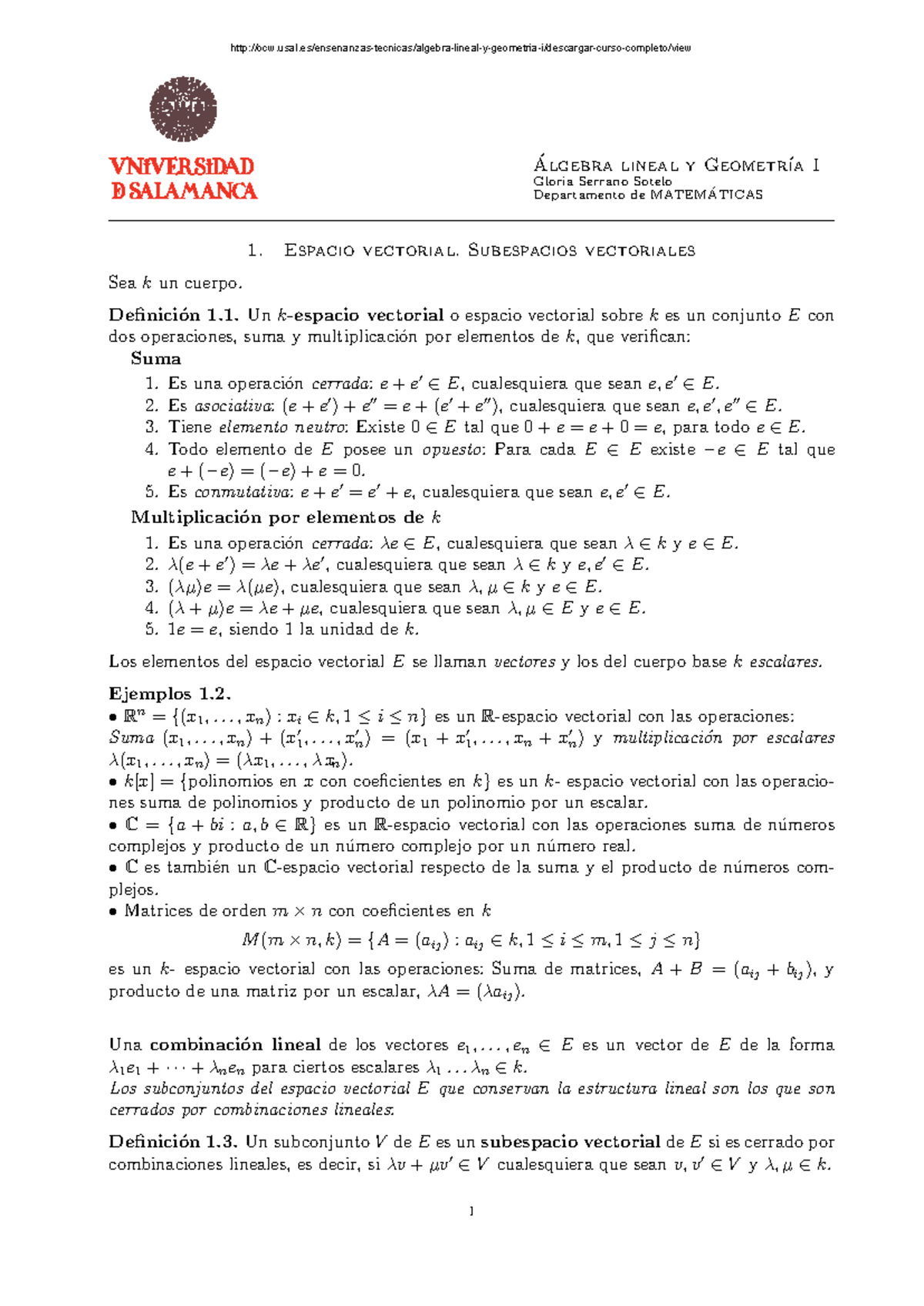 A Lgebra Lineal U DE Salamanca - Algebra Lineal Y Geometr ́ ́ ıa I ...