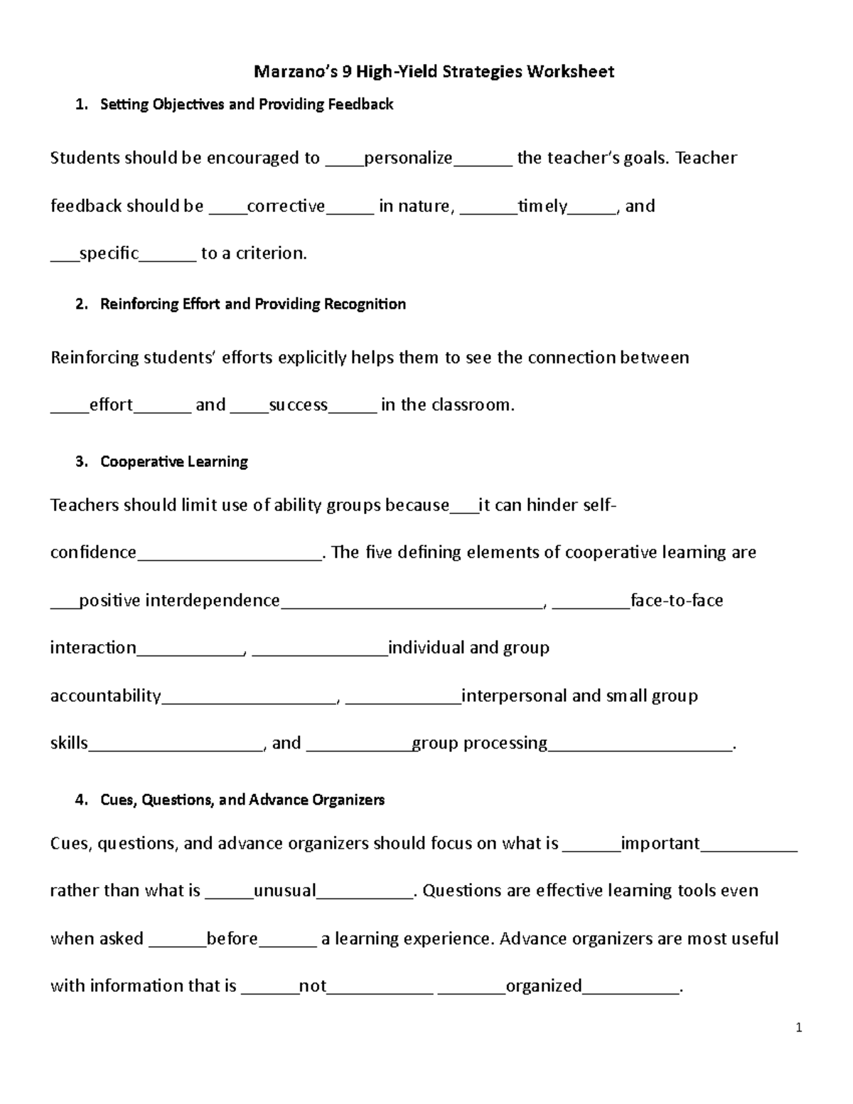 Marzano's Homework - **Marzano’s 9 High-Yield Strategies Worksheet ...