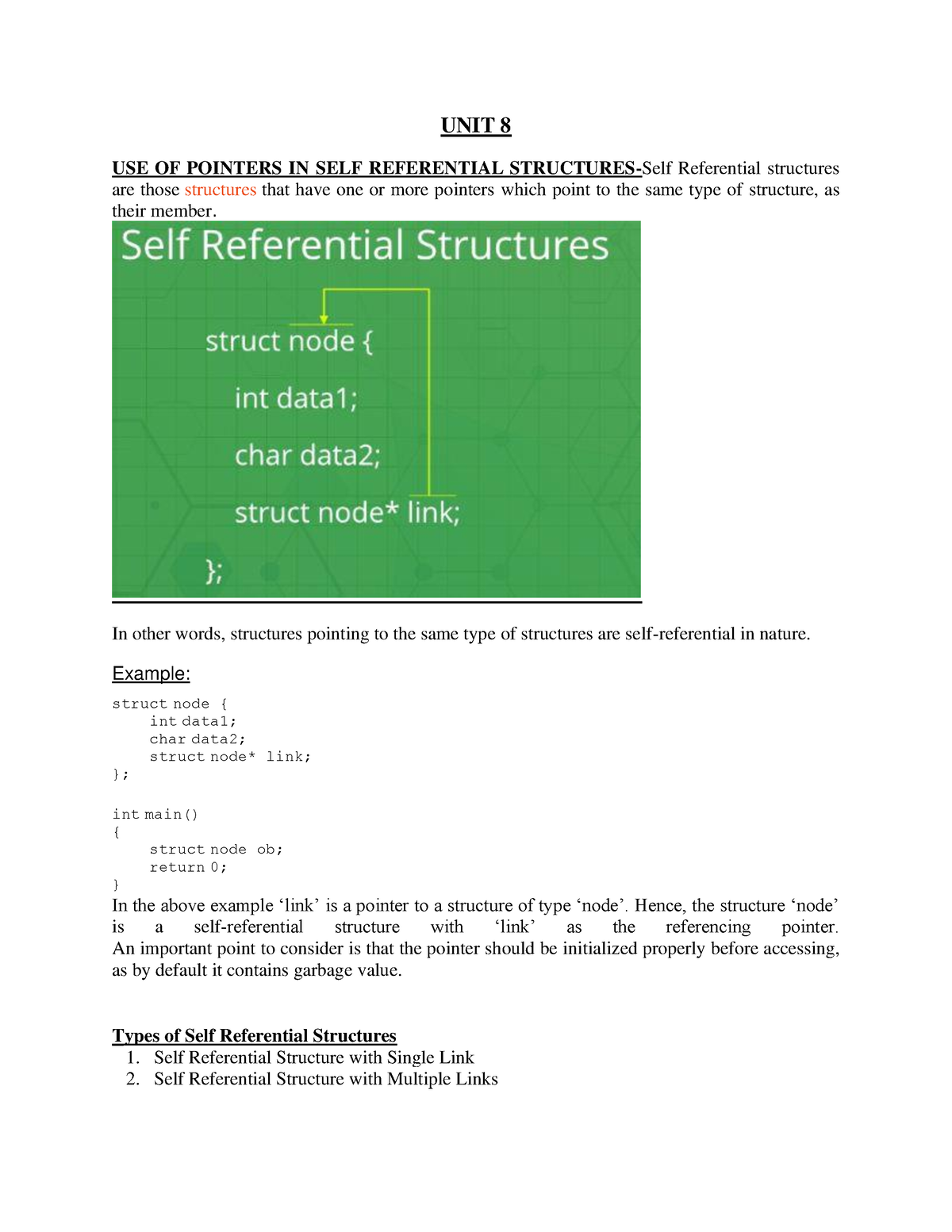 UNIT 8 USE OF Pointers IN SELF Referential Structures - UNIT 8 USE OF ...