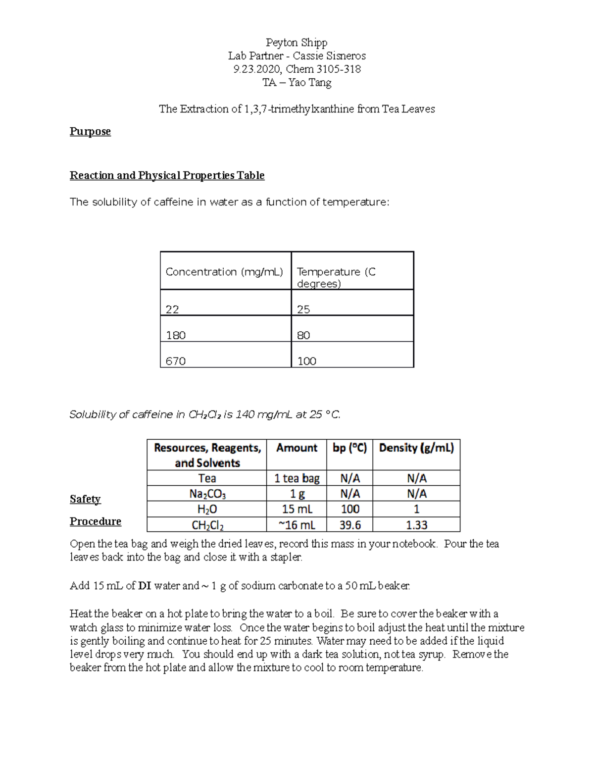 OChem Lab Report 4 - Peyton Shipp Lab Partner - Cassie Sisneros 9.23 ...