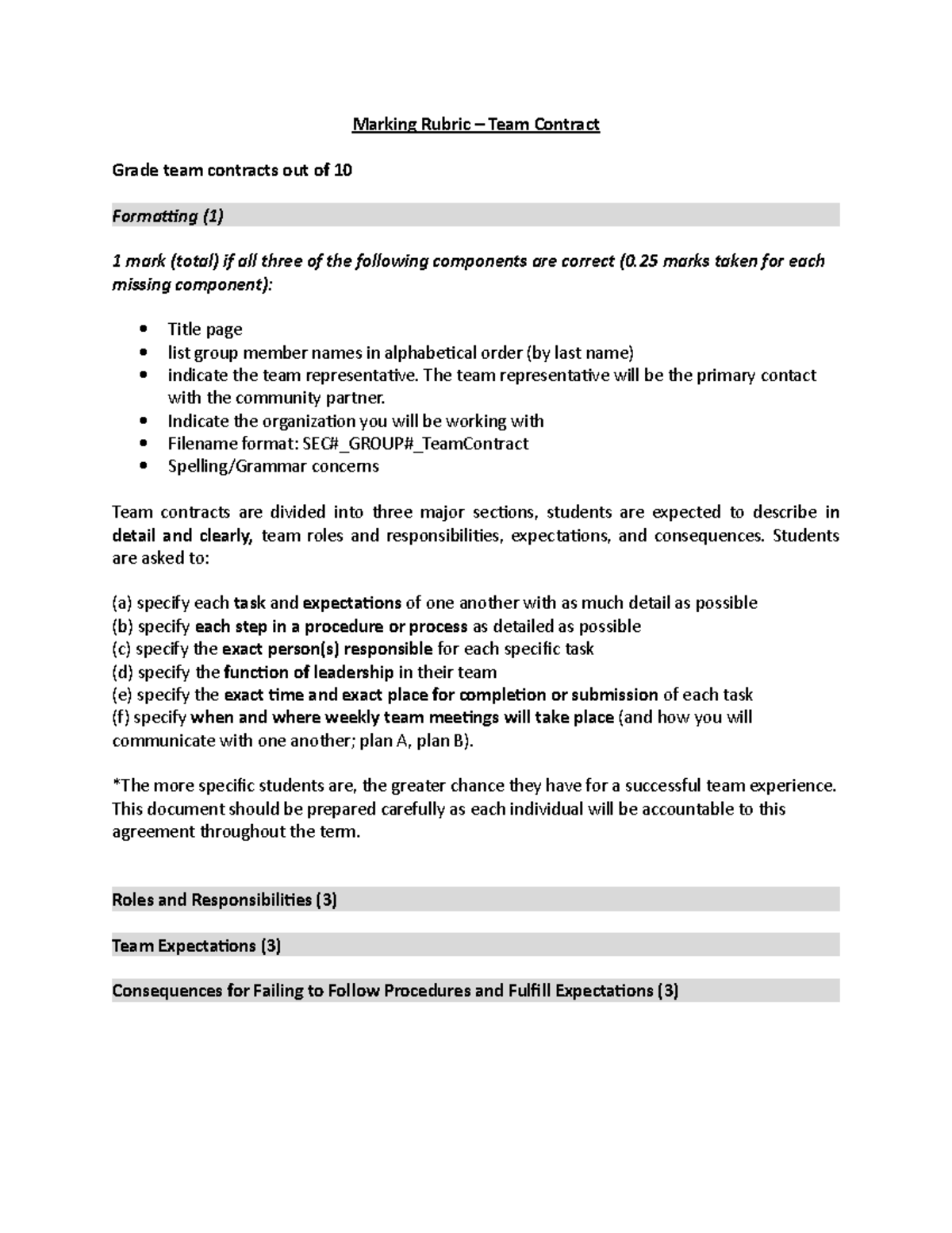 Team Contract Rubric F22 Marking Rubric Team Contract Grade team