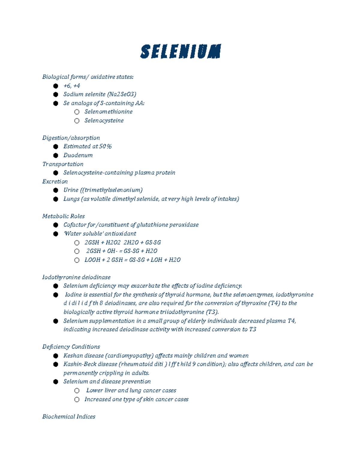 Selenium - Lecture notes - S e l e n i u m Biological forms/ oxidative ...