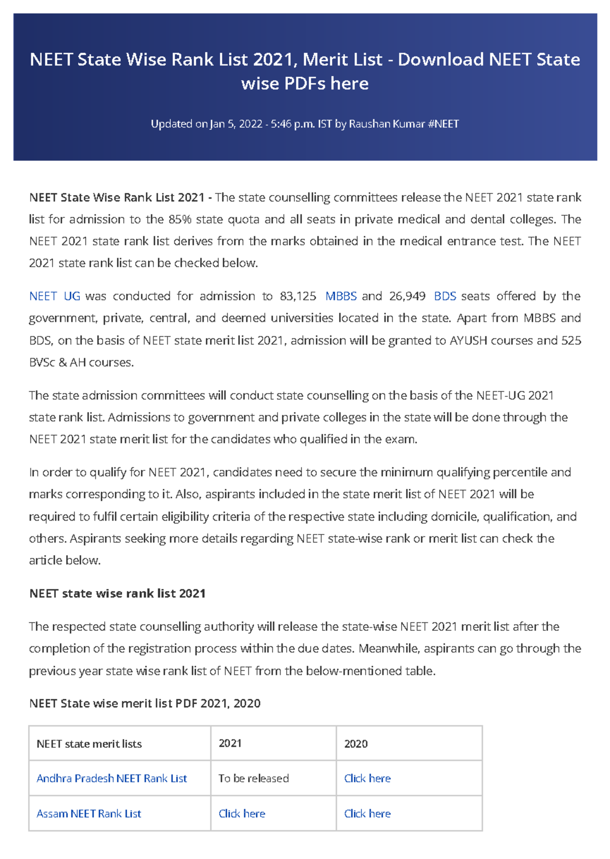 Article careers 360 2022012 8035151 - NEET State Wise Rank List 2021 ...