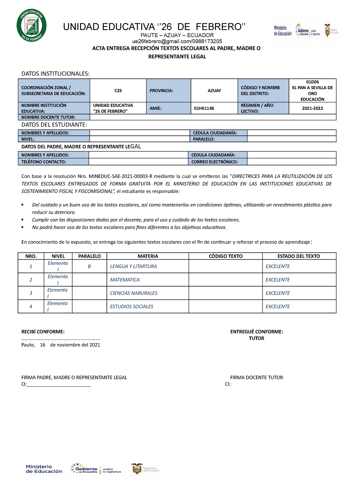 Acta entrega recepción textos escolares a padres de familia - UNIDAD  EDUCATIVA ''26 DE FEBRERO'' - Studocu