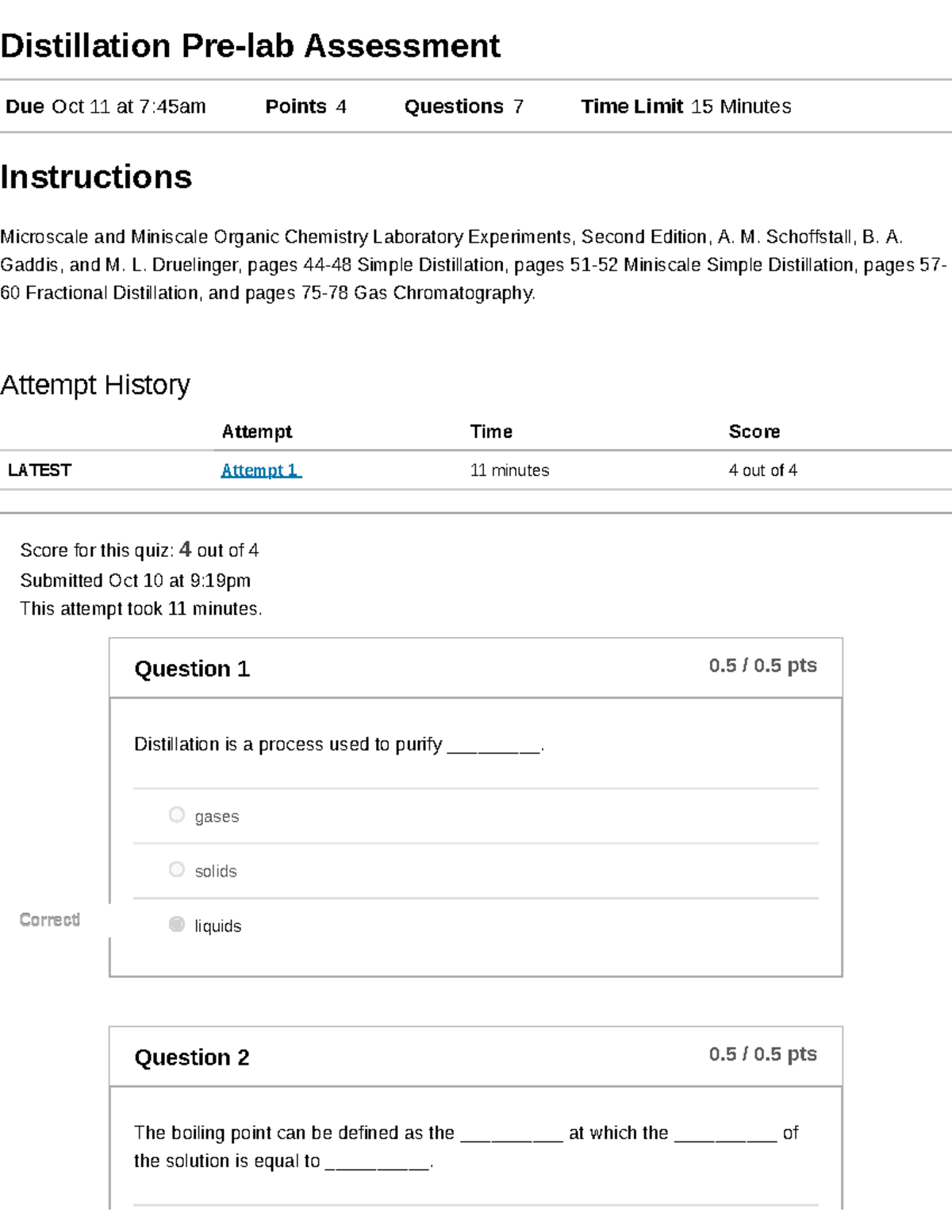Distillation Prelab Assessment Microscale and Miniscale Organic