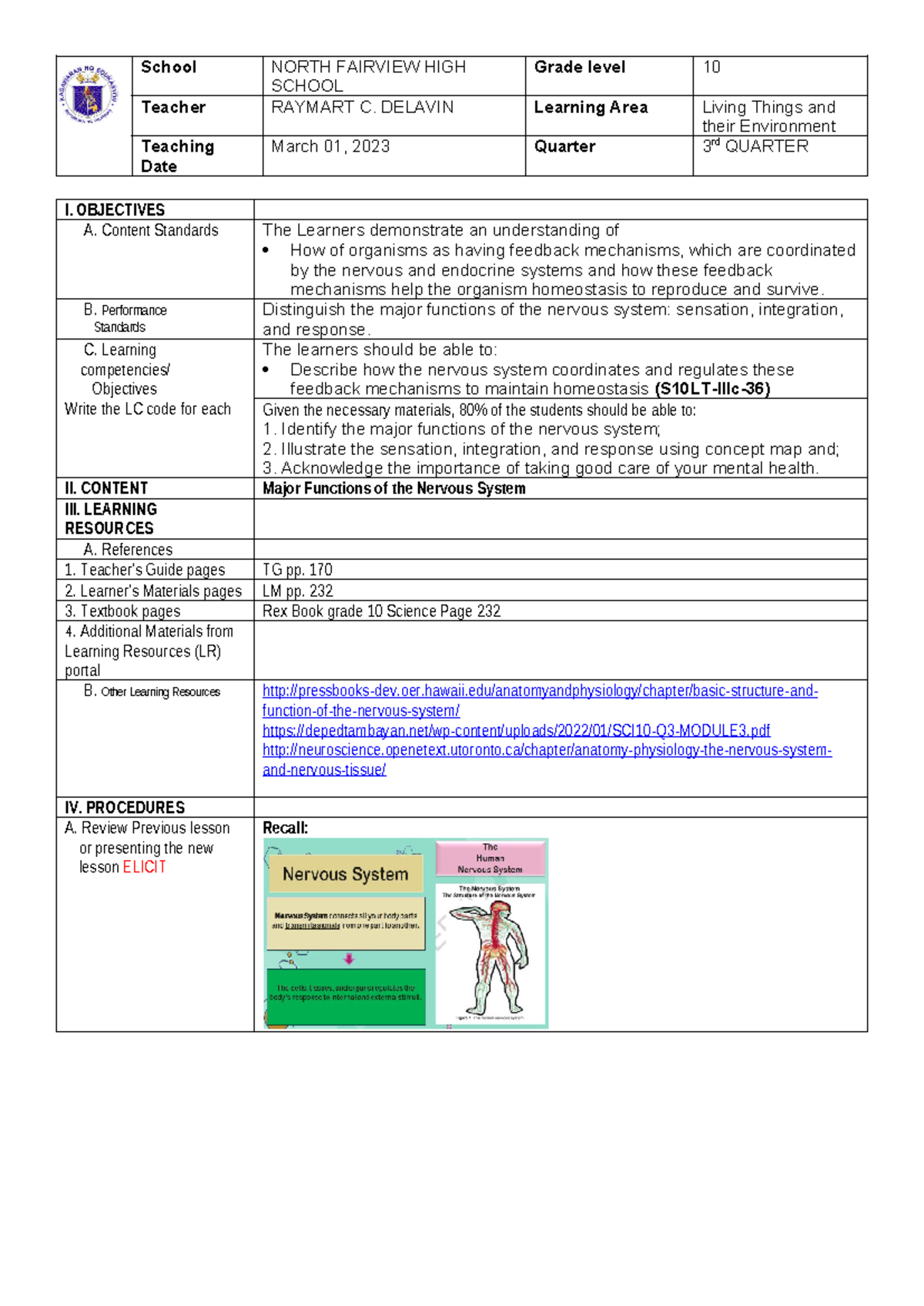 Day 2 Lesson Plan for Week 3 - School NORTH FAIRVIEW HIGH SCHOOL Grade ...