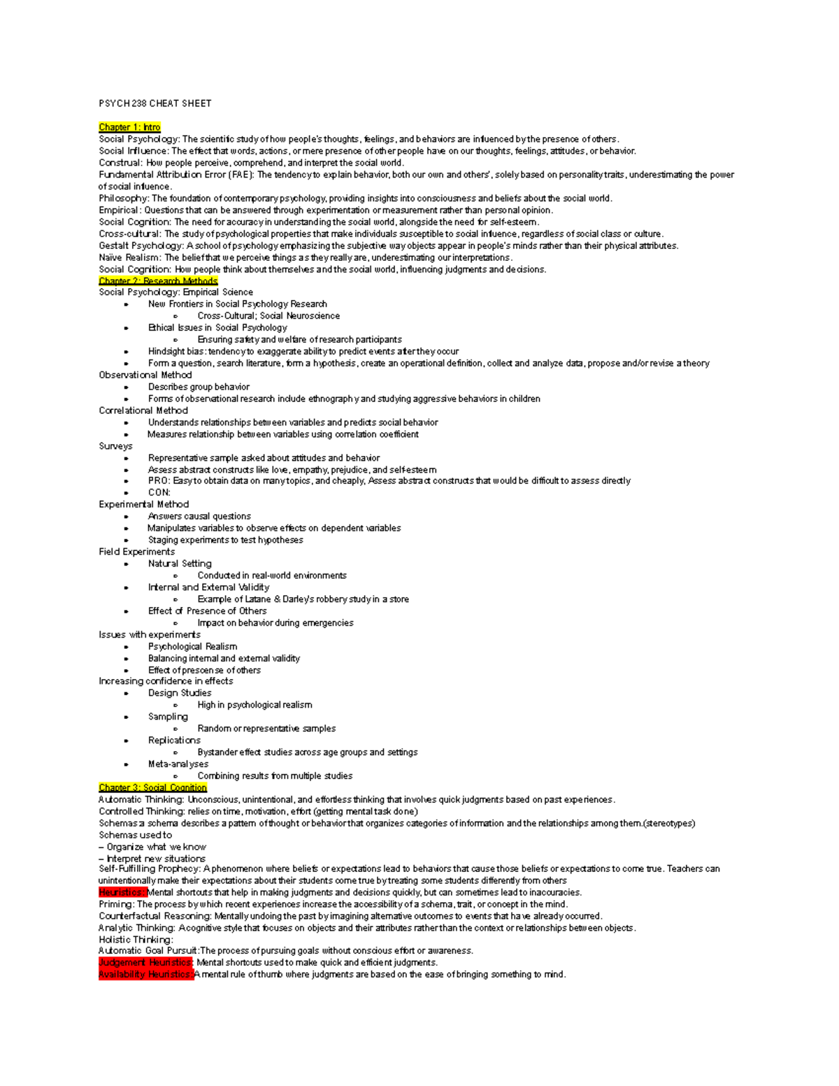 PSYCH 238 Study Guide - PSYCH 238 CHEAT SHEET Chapter 1: Intro Social ...
