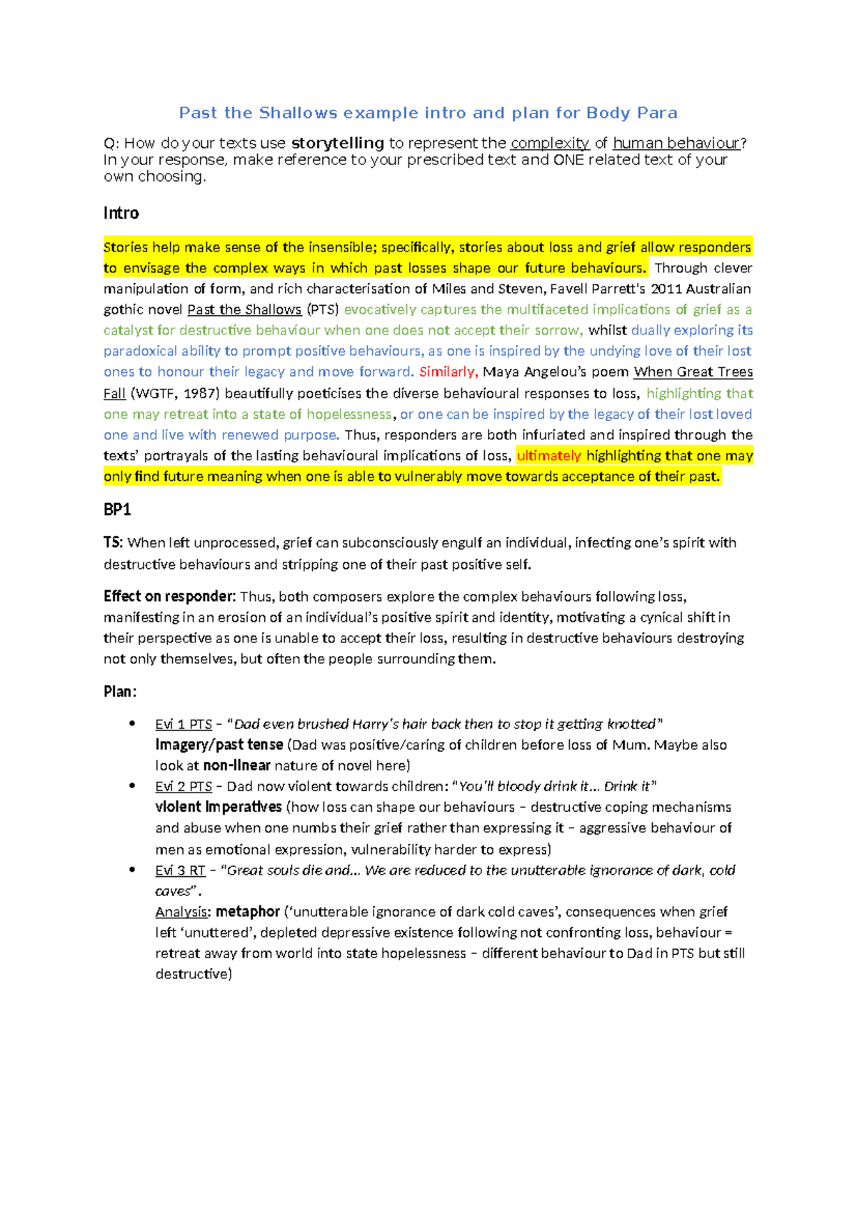 Past the Shallows example intro and para plan - Past the Shallows ...